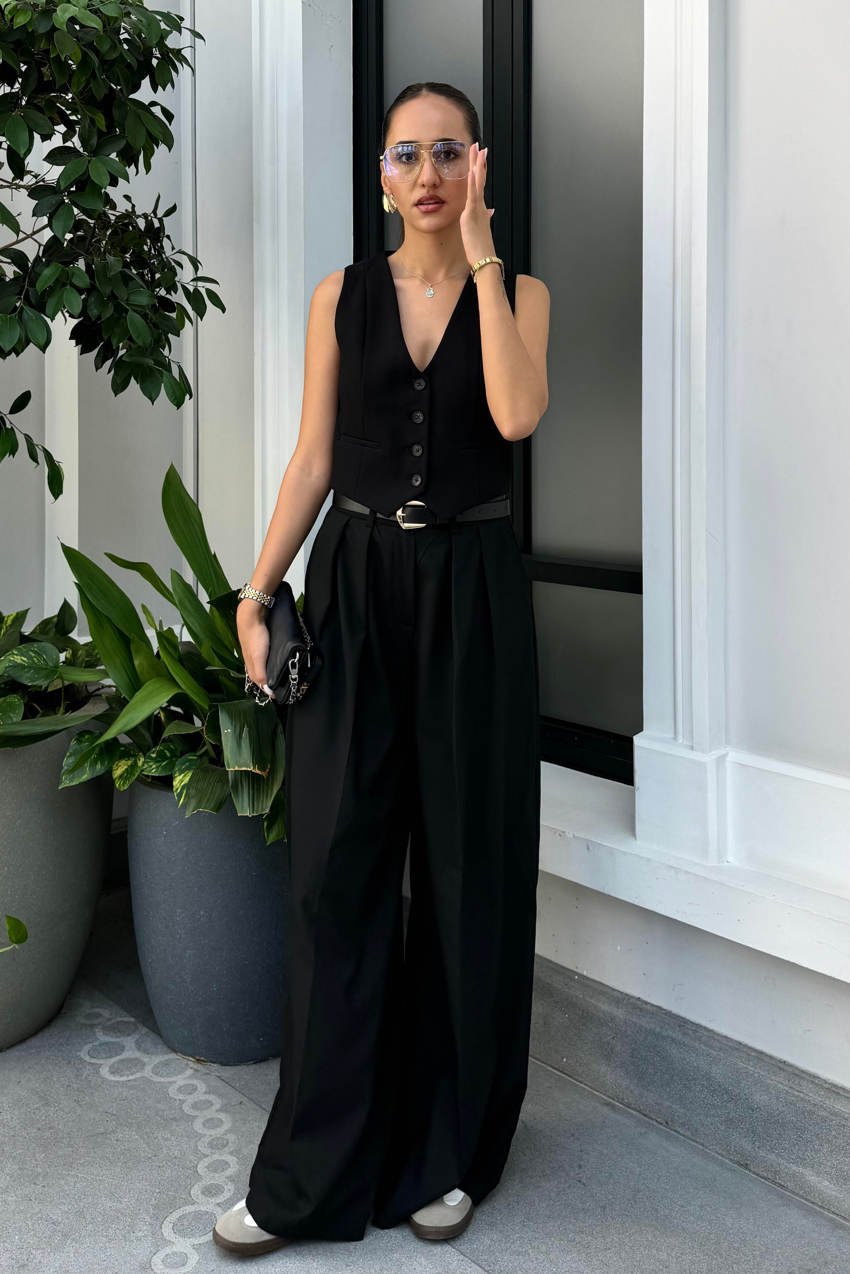 Siyah Kemerli Pileli Palazzo Pantolon - Kadın Trousers Modelleri - Nazliye Moda | Kadın Giyim Modası
