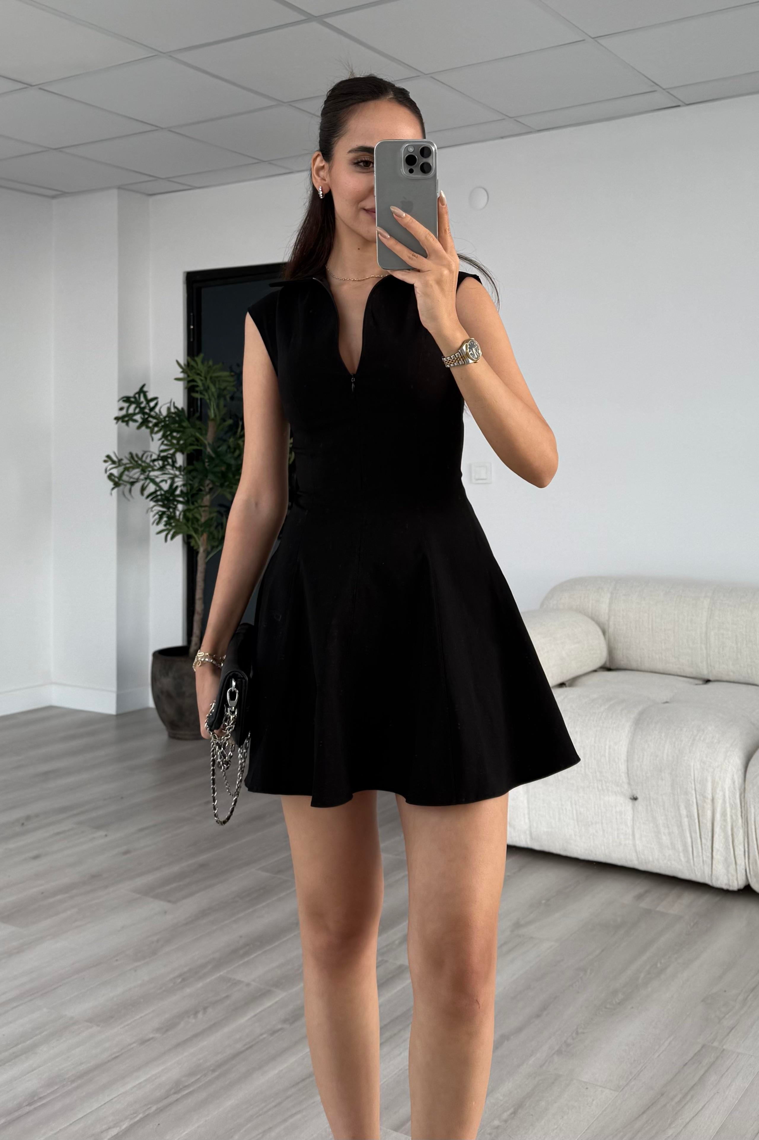 Siyah Kolsuz Belden Oturma Elbise - Kadın Elbise Modelleri - Nazliye Moda | Kadın Giyim Modası