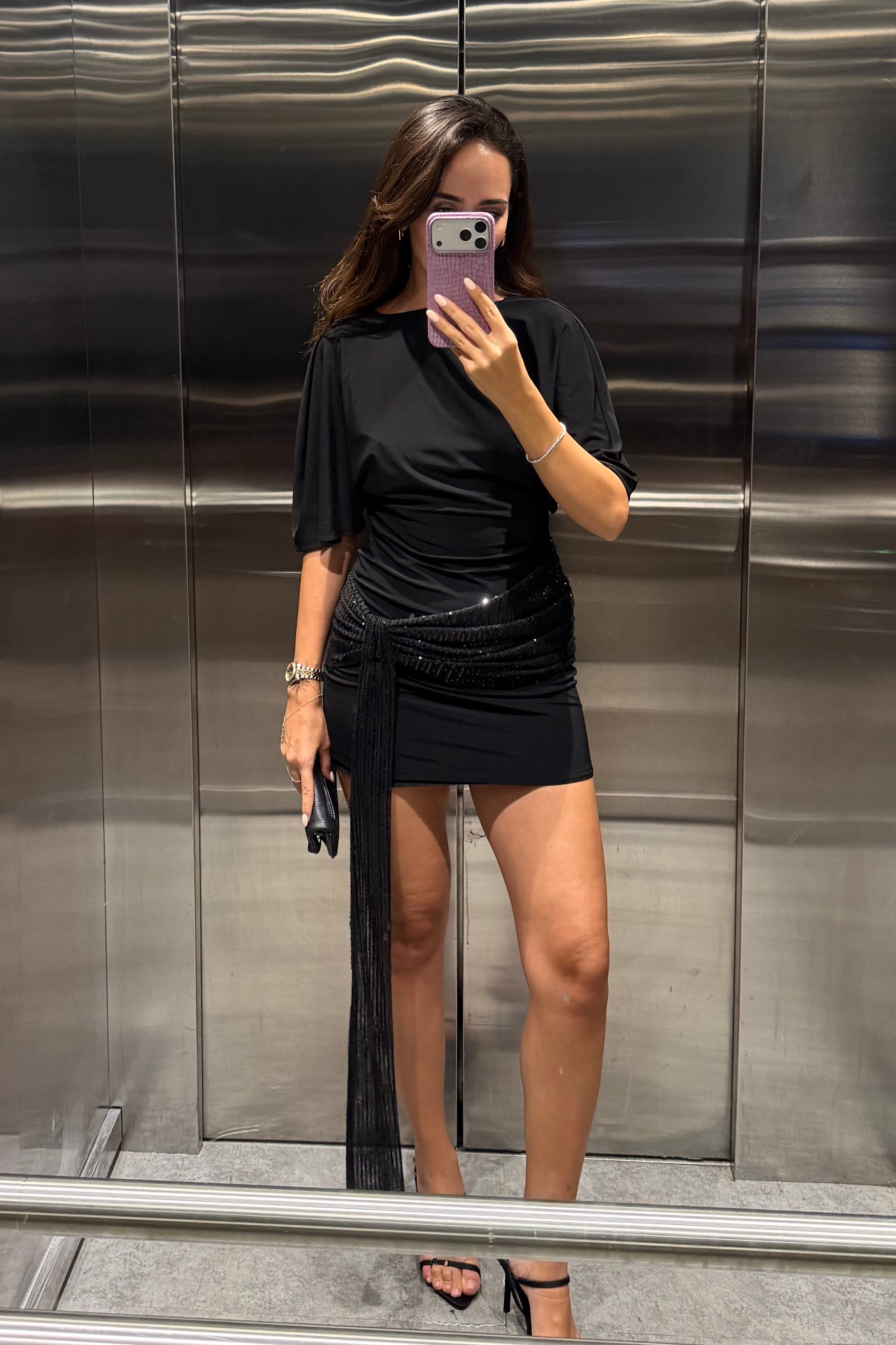 Siyah Kontrast Pullu Mini Elbise - Kadın Dresses Modelleri - Nazliye Moda | Kadın Giyim Modası