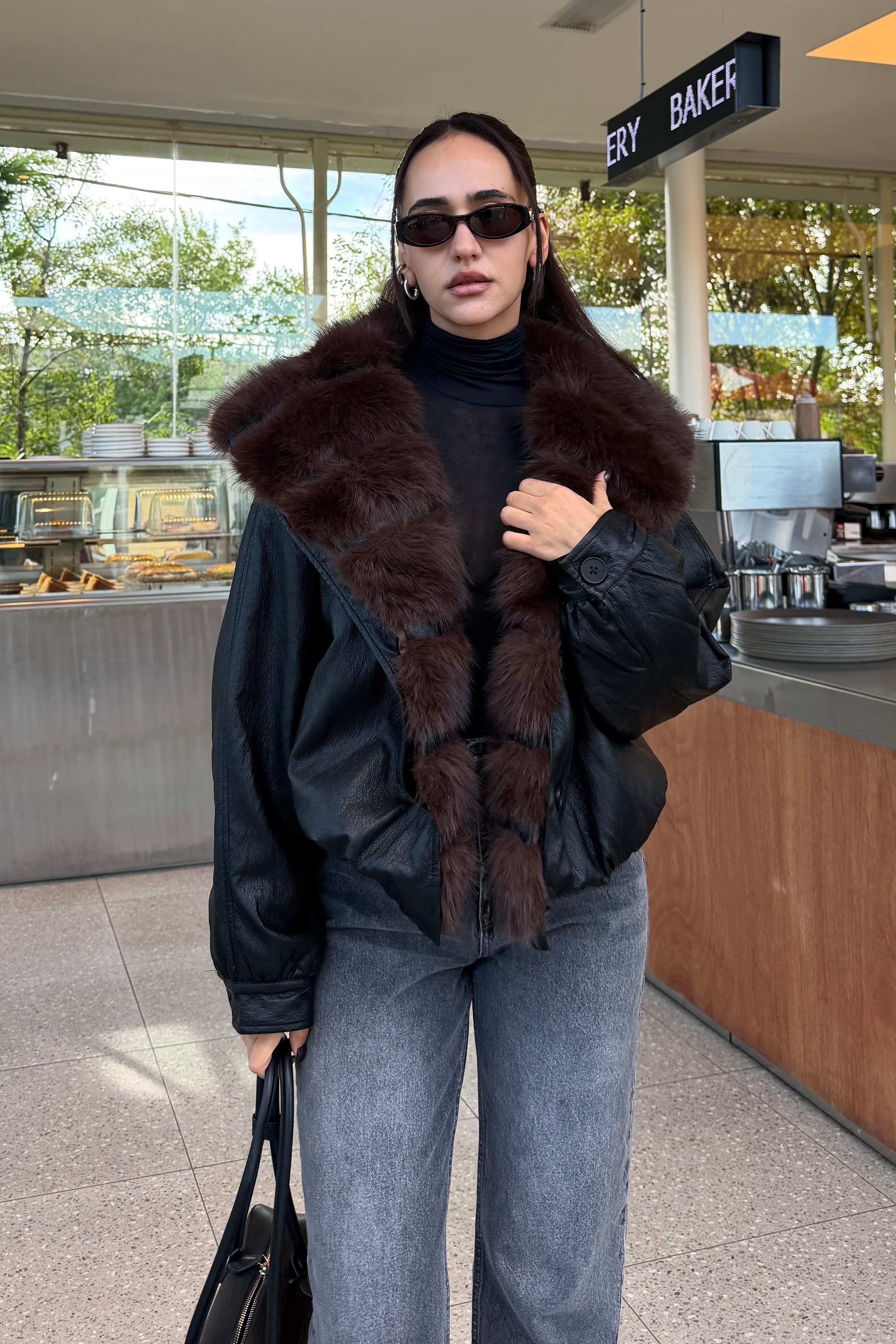 Siyah Kürk Detay Deri Mont - Kadın Mont Modelleri - Nazliye Moda | Kadın Giyim Modası
