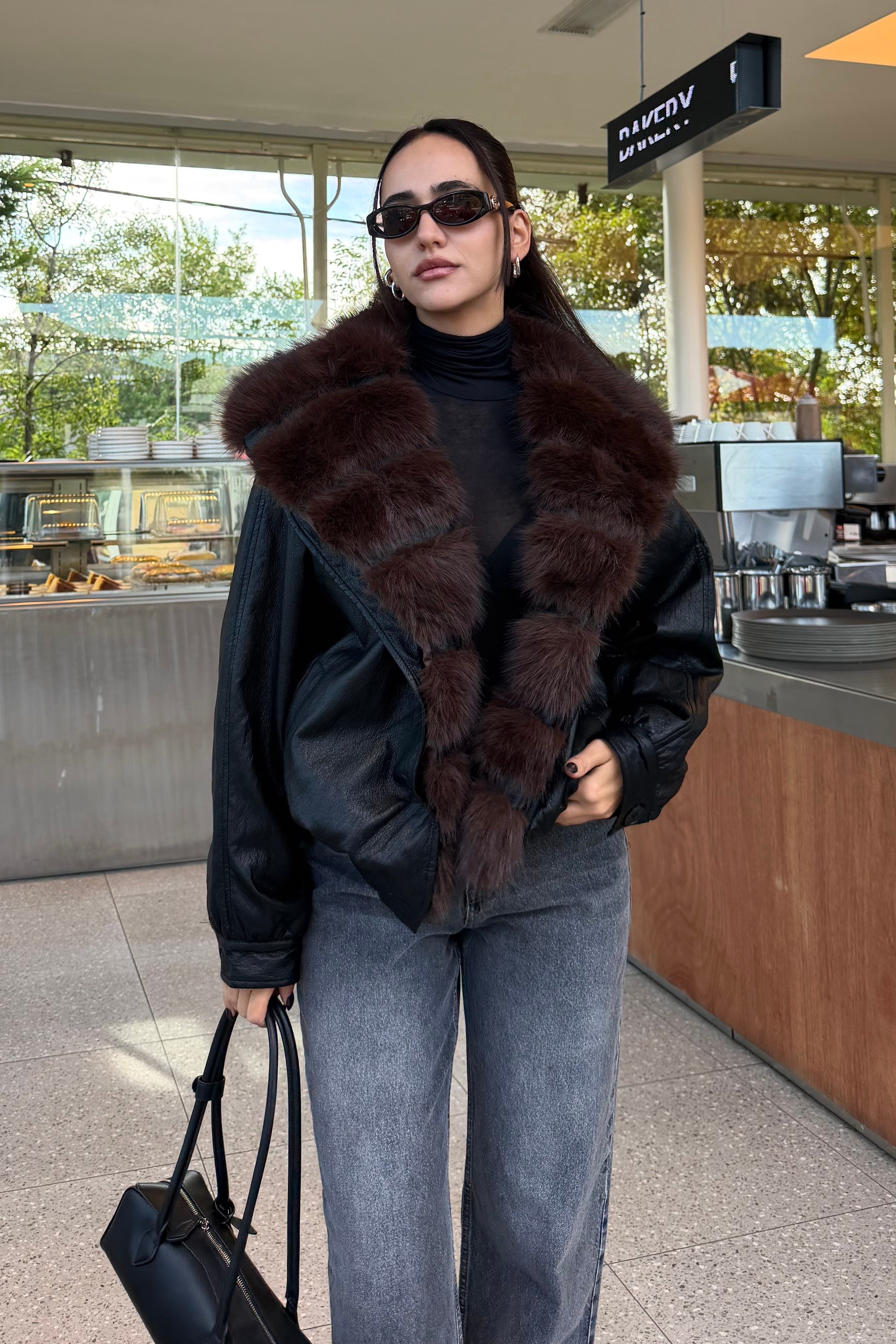 Siyah Kürk Detay Deri Mont - Kadın Mont Modelleri - Nazliye Moda | Kadın Giyim Modası