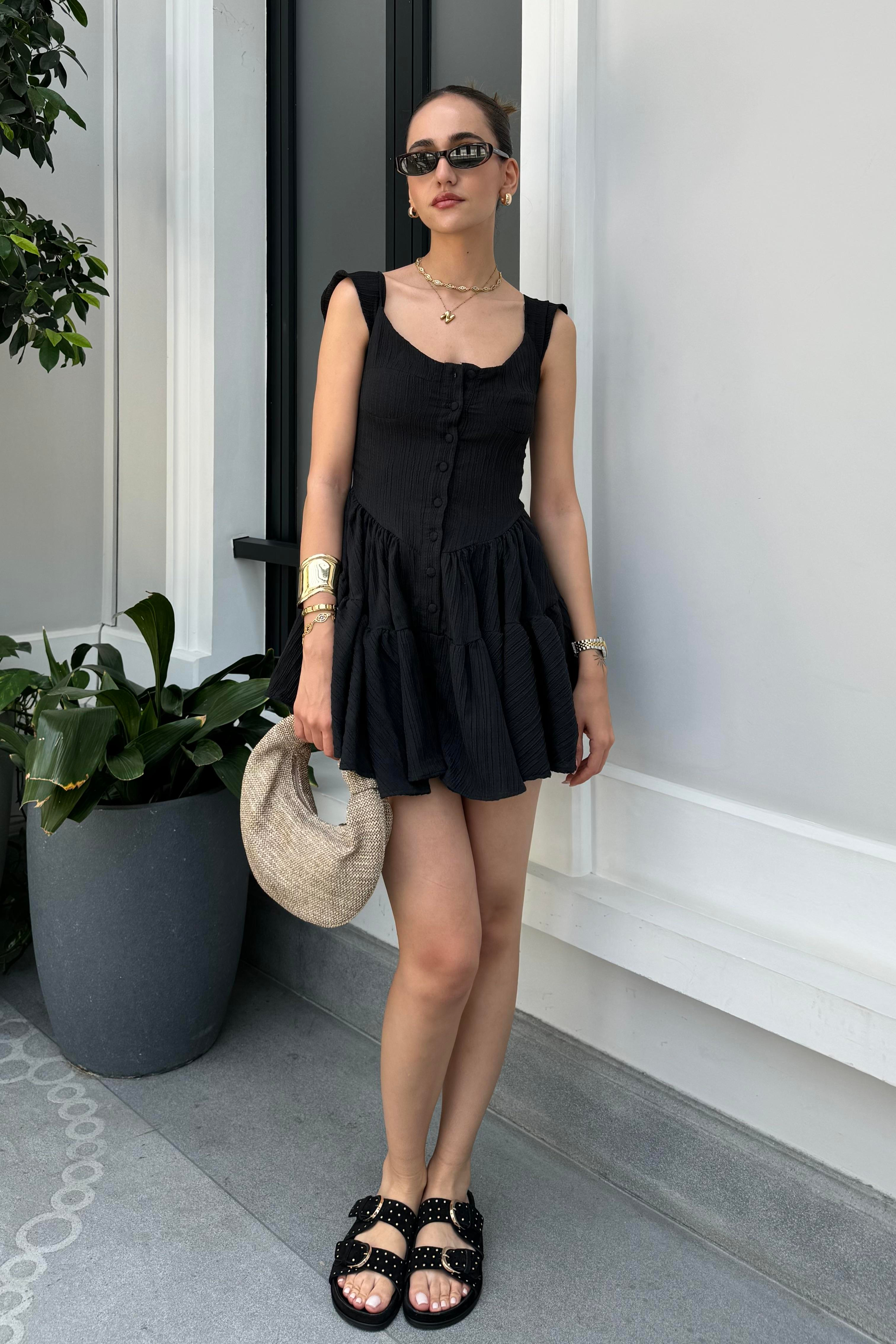 Siyah Mini Şort Elbise - Kadın Dresses Modelleri - Nazliye Moda - Kadın Giyim Modası
