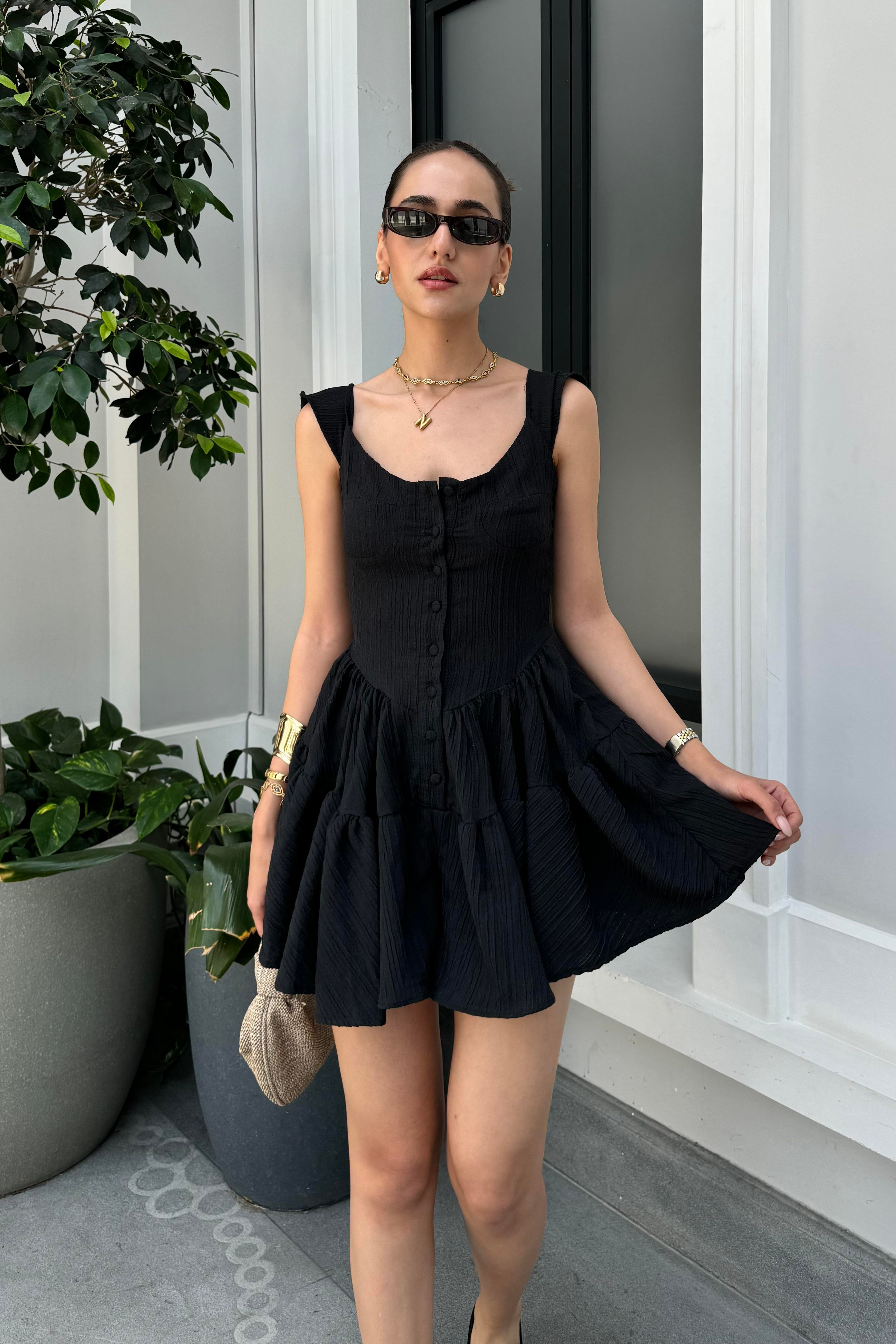 Siyah Mini Şort Elbise - Kadın Dresses Modelleri - Nazliye Moda - Kadın Giyim Modası