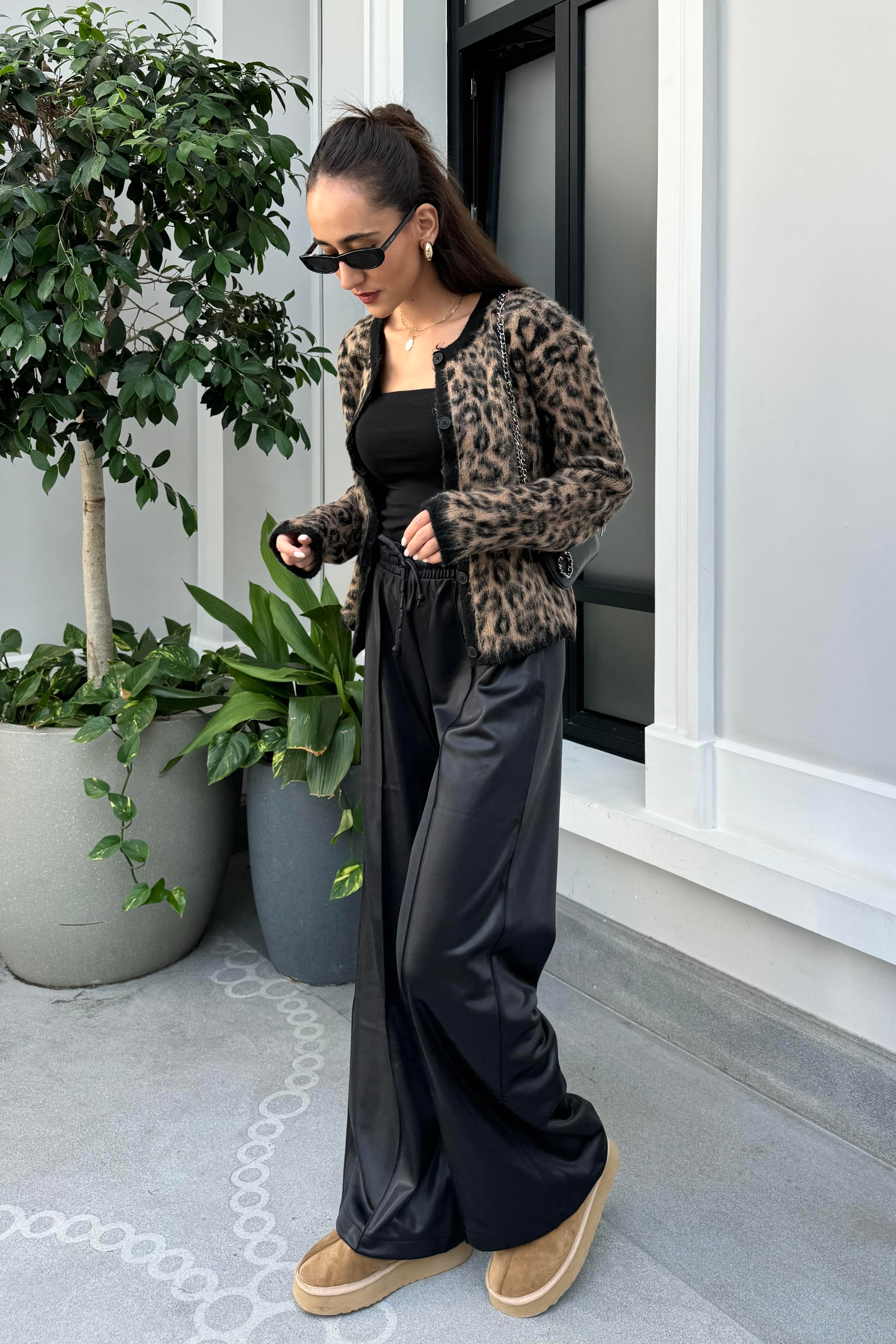 Siyah Örme Deri Premium Pantolon - Kadın Trousers Modelleri - Nazliye Moda | Kadın Giyim Modası