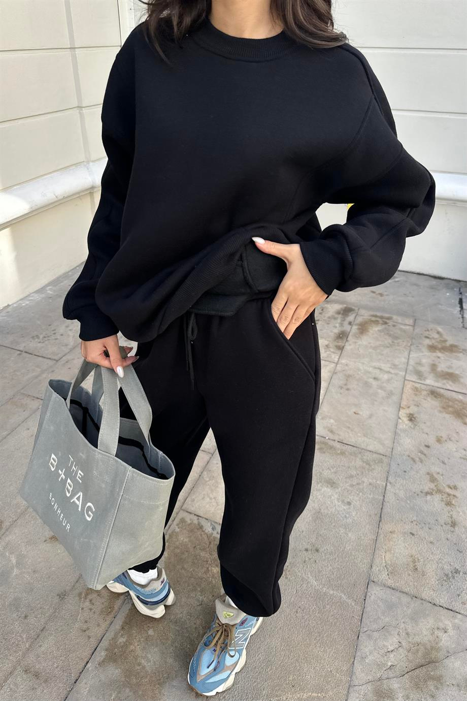 Siyah Oversize Şardonlu Eşofman Takımı - Kadın Eşofman Modelleri - Nazliye Moda | Kadın Giyim Modası