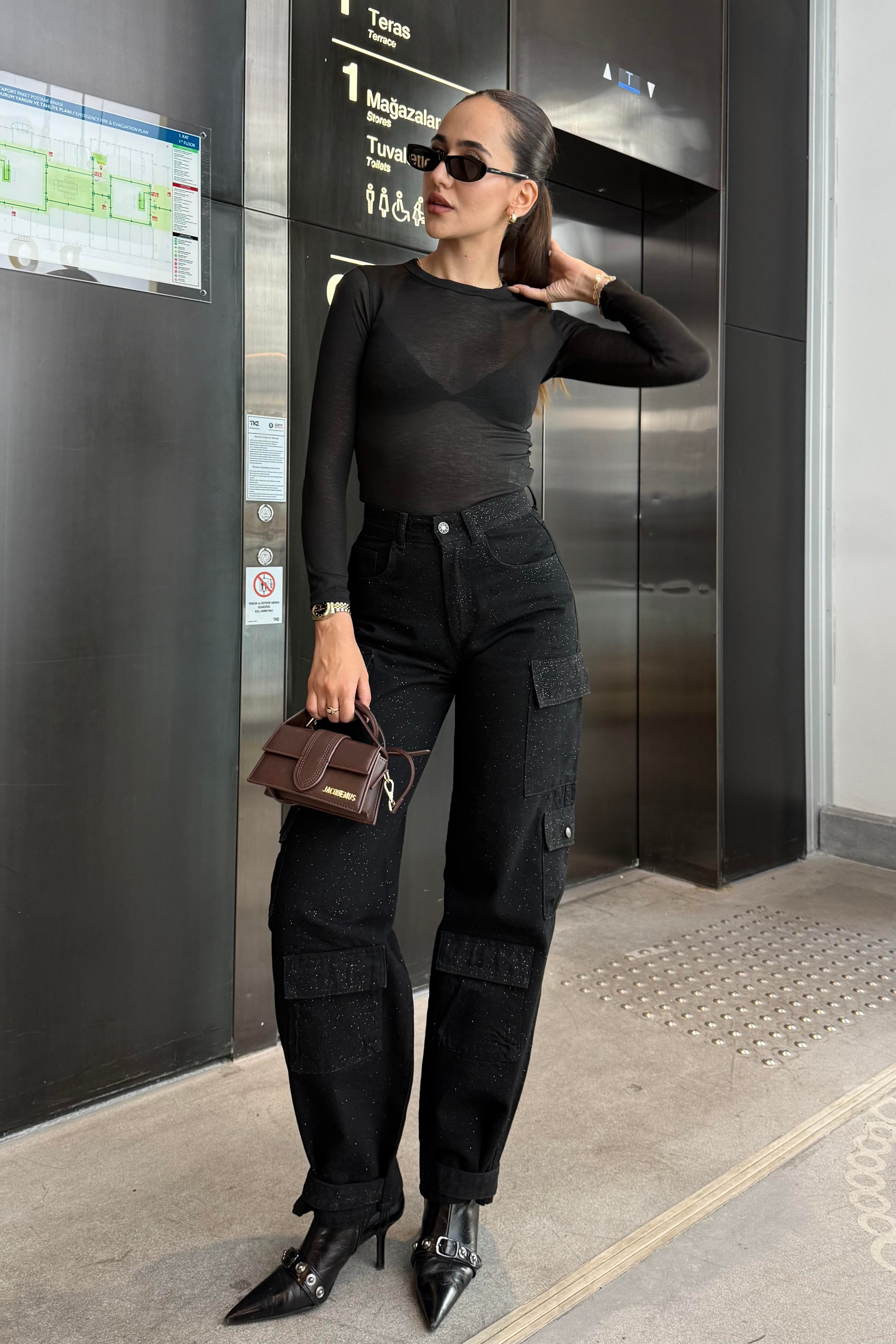 Siyah Parıltılı Kargo Pantolon - Kadın Pantolon Modelleri - Nazliye Moda | Kadın Giyim Modası