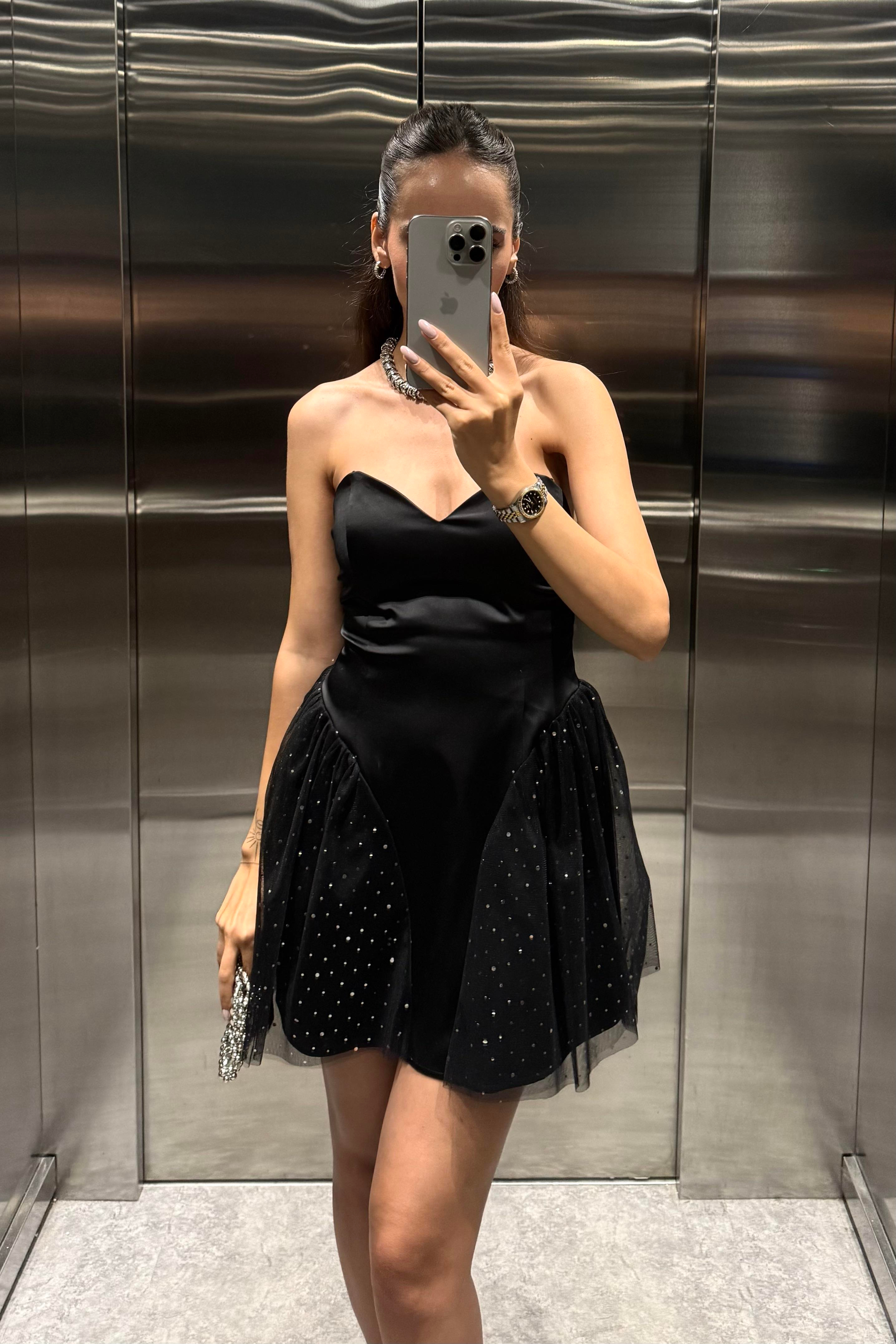 Siyah Payetli Saten Mini Elbise - Kadın Elbise Modelleri - Nazliye Moda | Kadın Giyim Modası