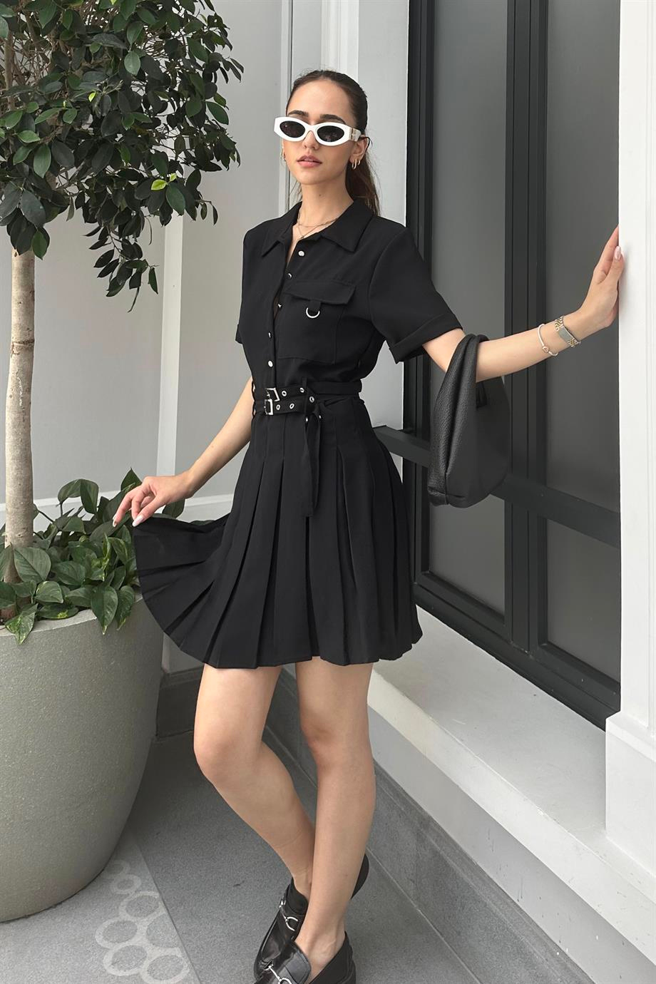 Siyah Pileli Mini Gömlek Elbise - Kadın Elbise Modelleri - Nazliye Moda | Kadın Giyim Modası