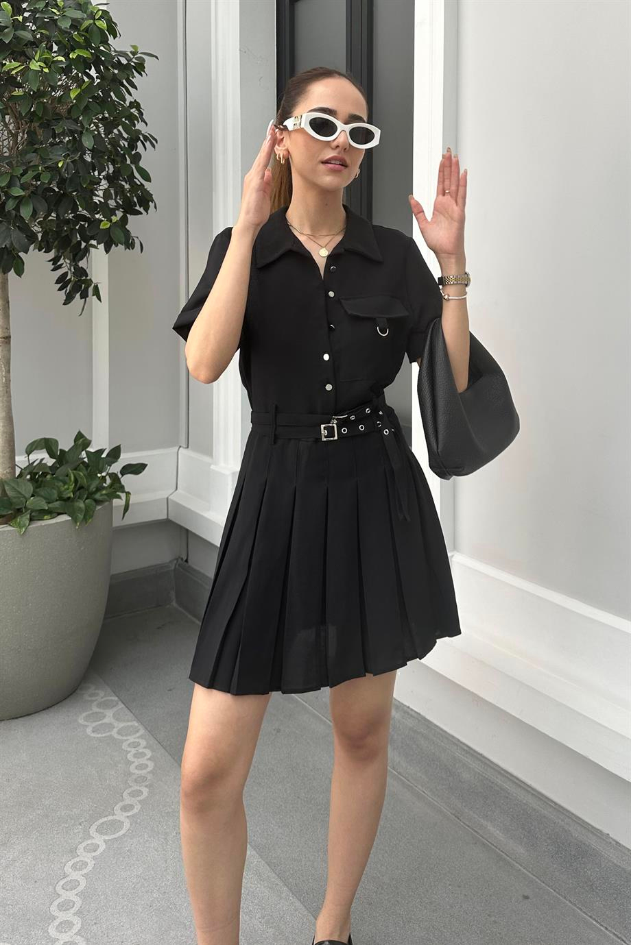 Siyah Pileli Mini Gömlek Elbise - Kadın Elbise Modelleri - Nazliye Moda | Kadın Giyim Modası