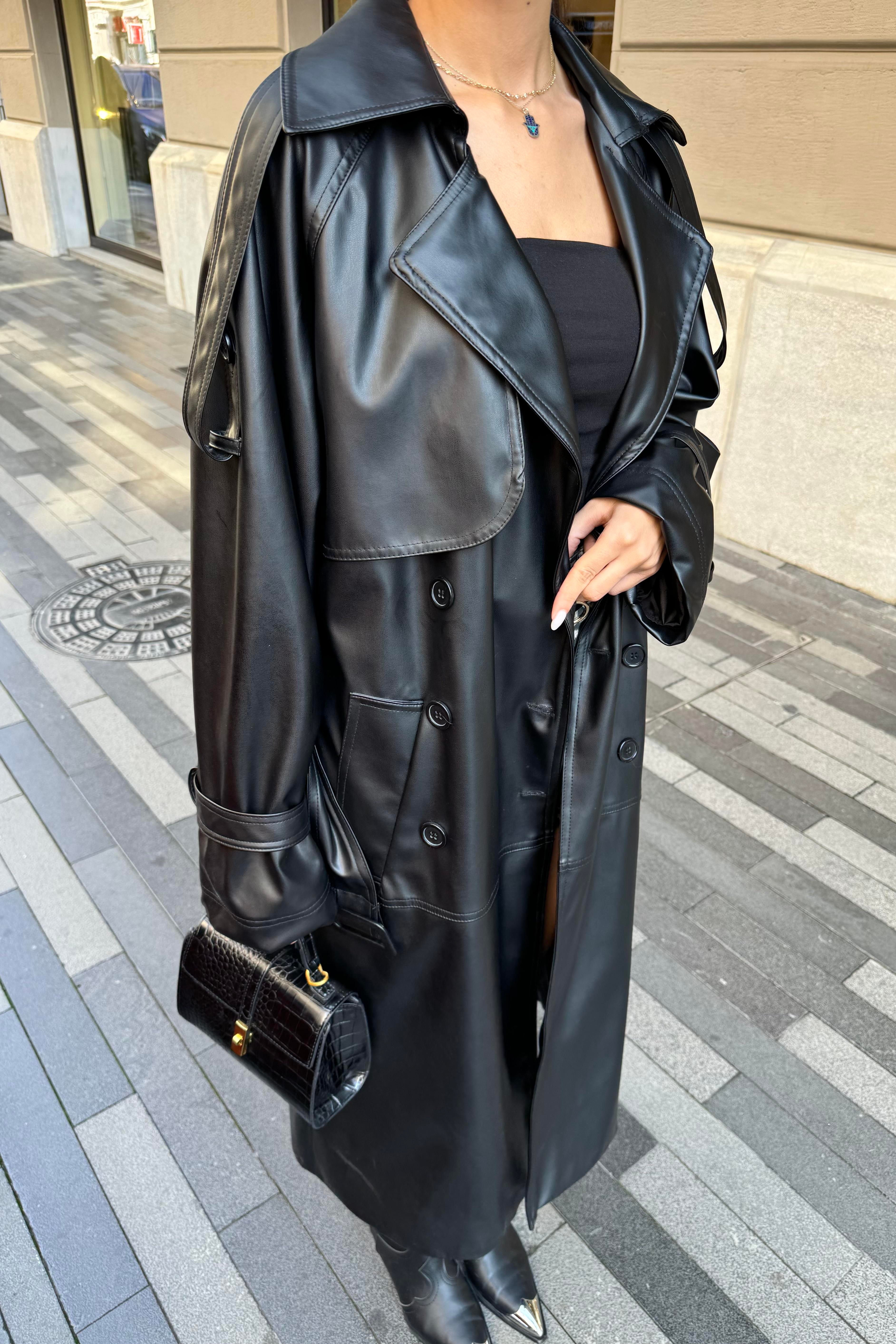 Siyah Premium Deri Trençkot - Kadın Trençkot Modelleri - Nazliye Moda | Kadın Giyim Modası