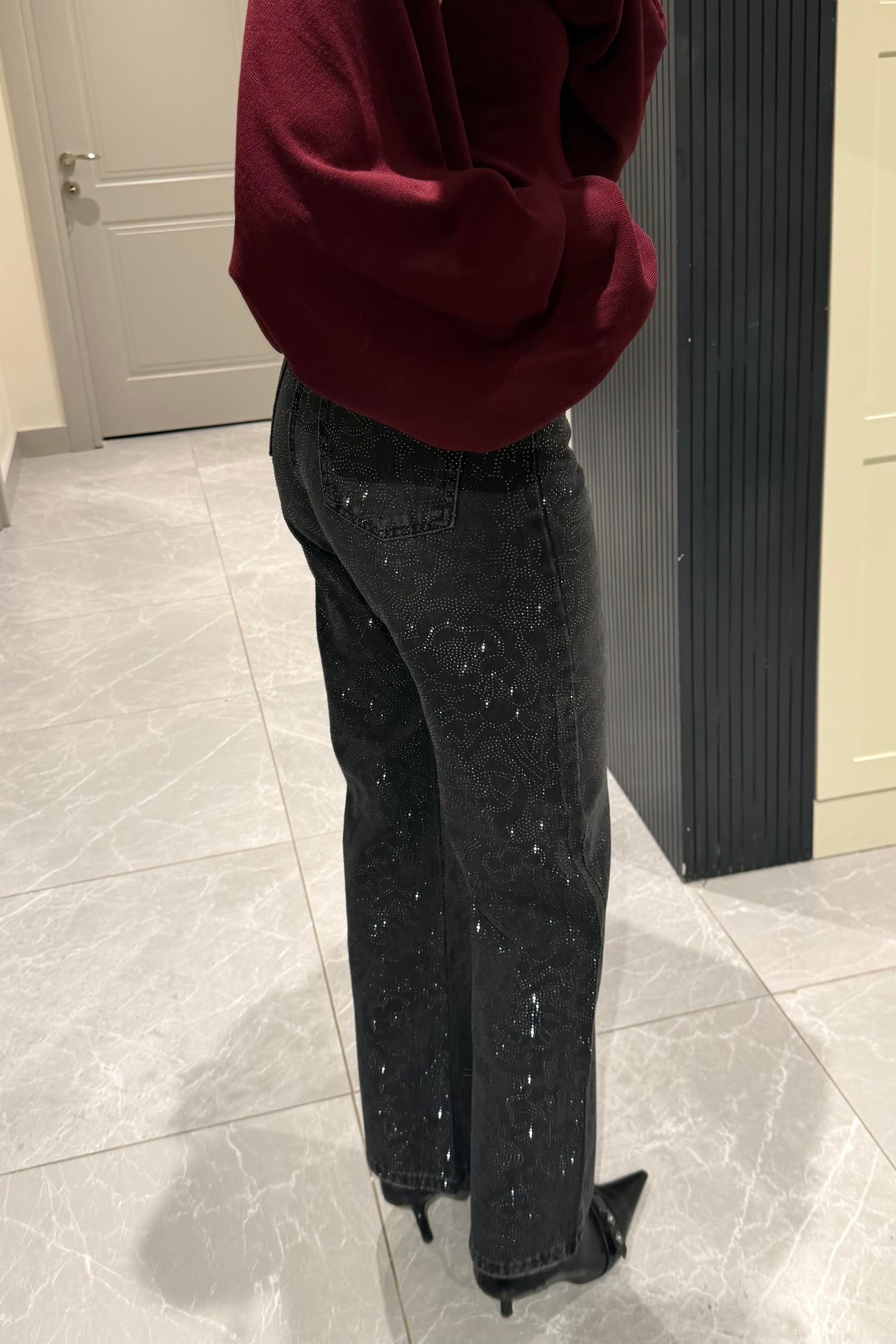 Siyah Premium Ön Arka Desenli Taşlı Jean - Kadın Jeans Modelleri - Nazliye Moda | Kadın Giyim Modası