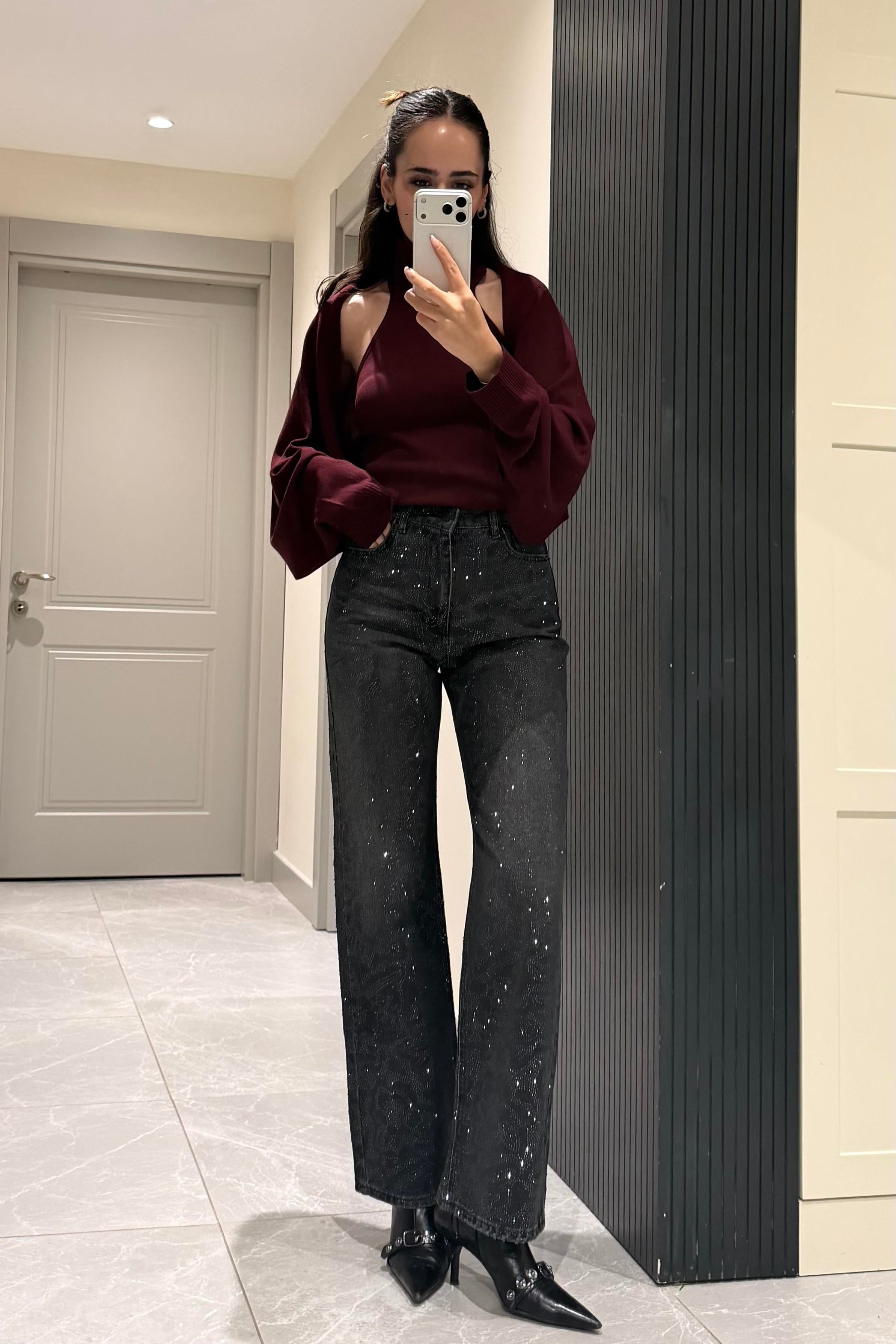 Siyah Premium Ön Arka Desenli Taşlı Jean - Kadın Jeans Modelleri - Nazliye Moda | Kadın Giyim Modası