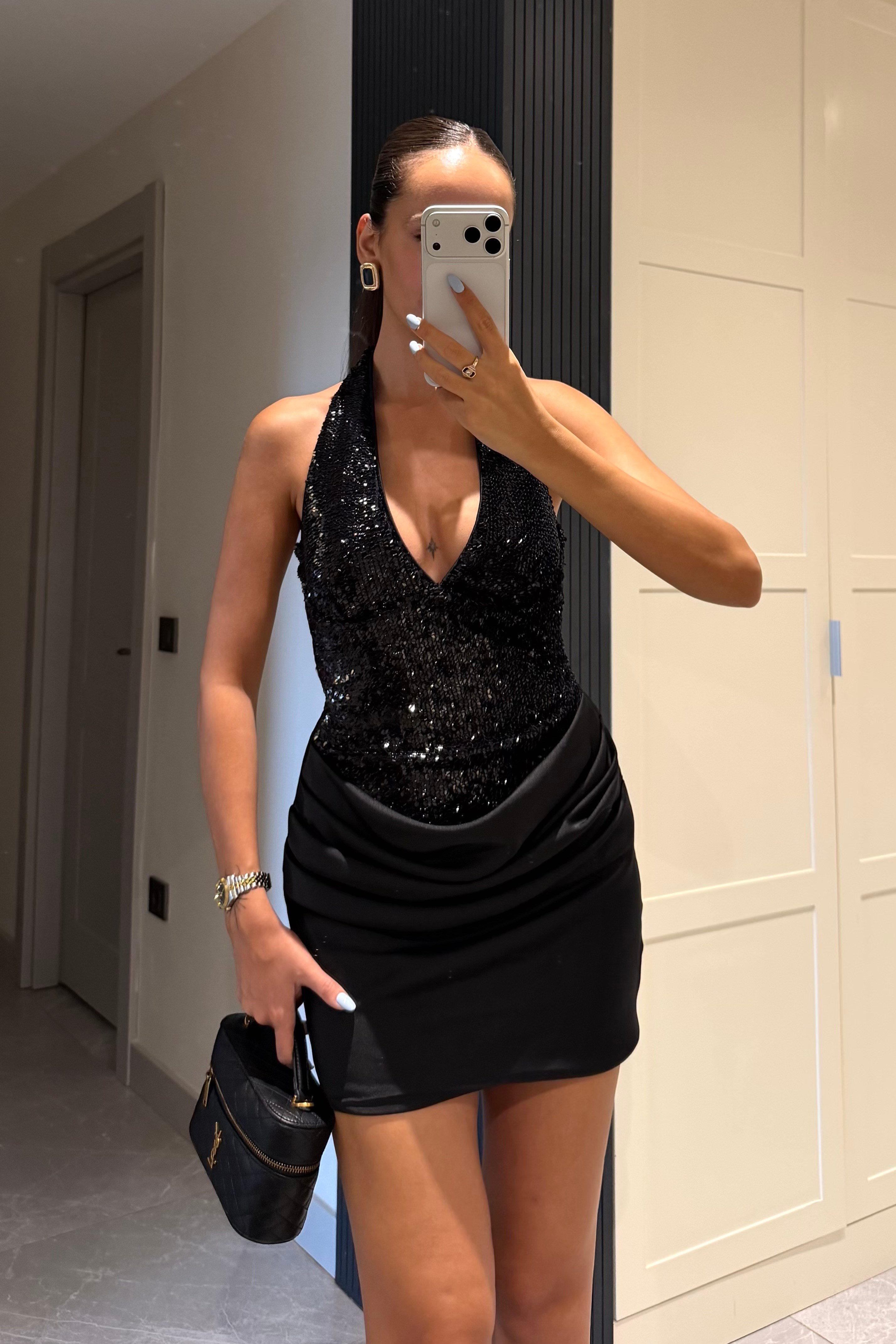 Siyah Premium Payetli Saten Mini Elbise - Kadın Elbise Modelleri - Nazliye Moda | Kadın Giyim Modası