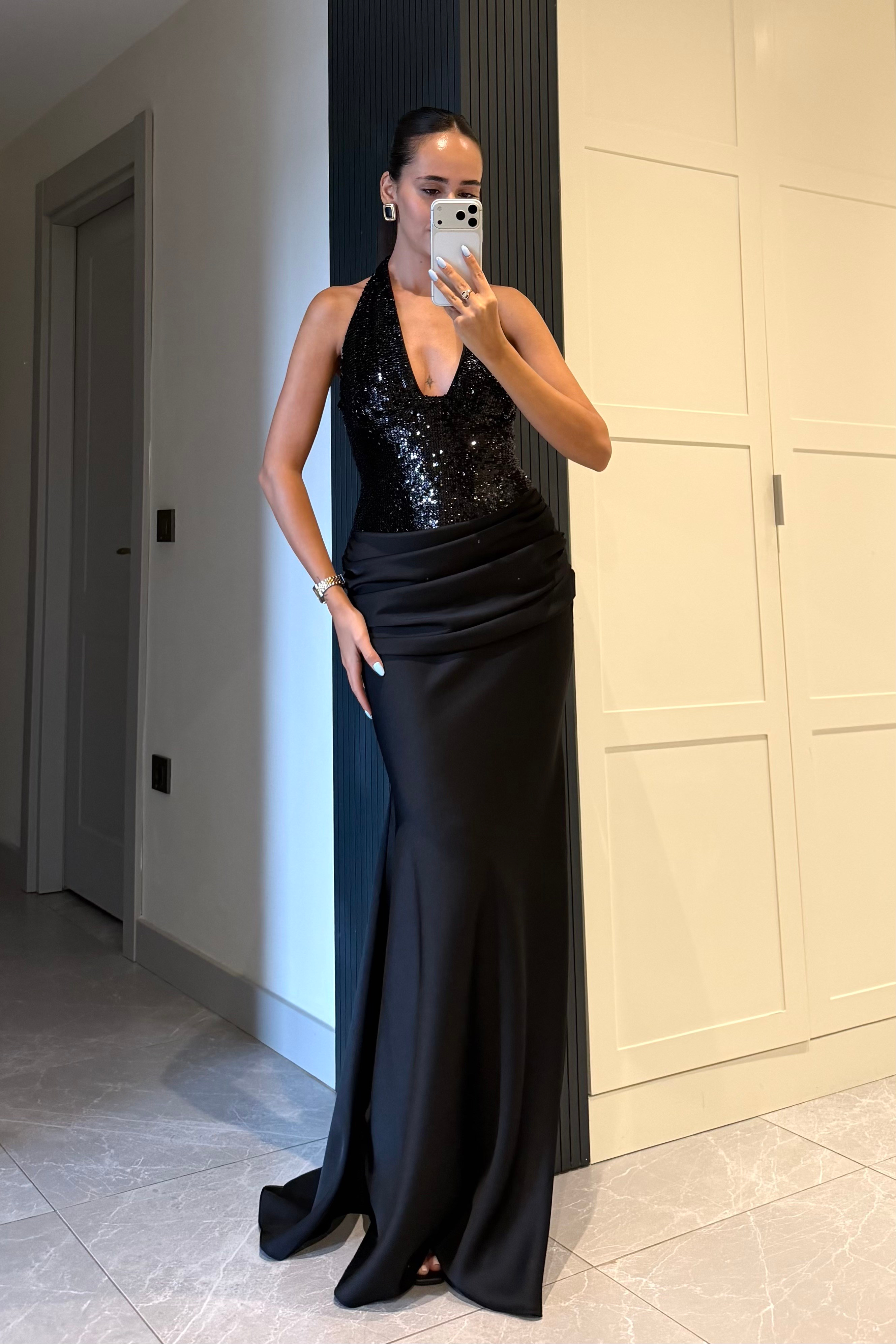 Siyah Premium Payetli Saten Uzun Elbise - Kadın Elbise Modelleri - Nazliye Moda | Kadın Giyim Modası