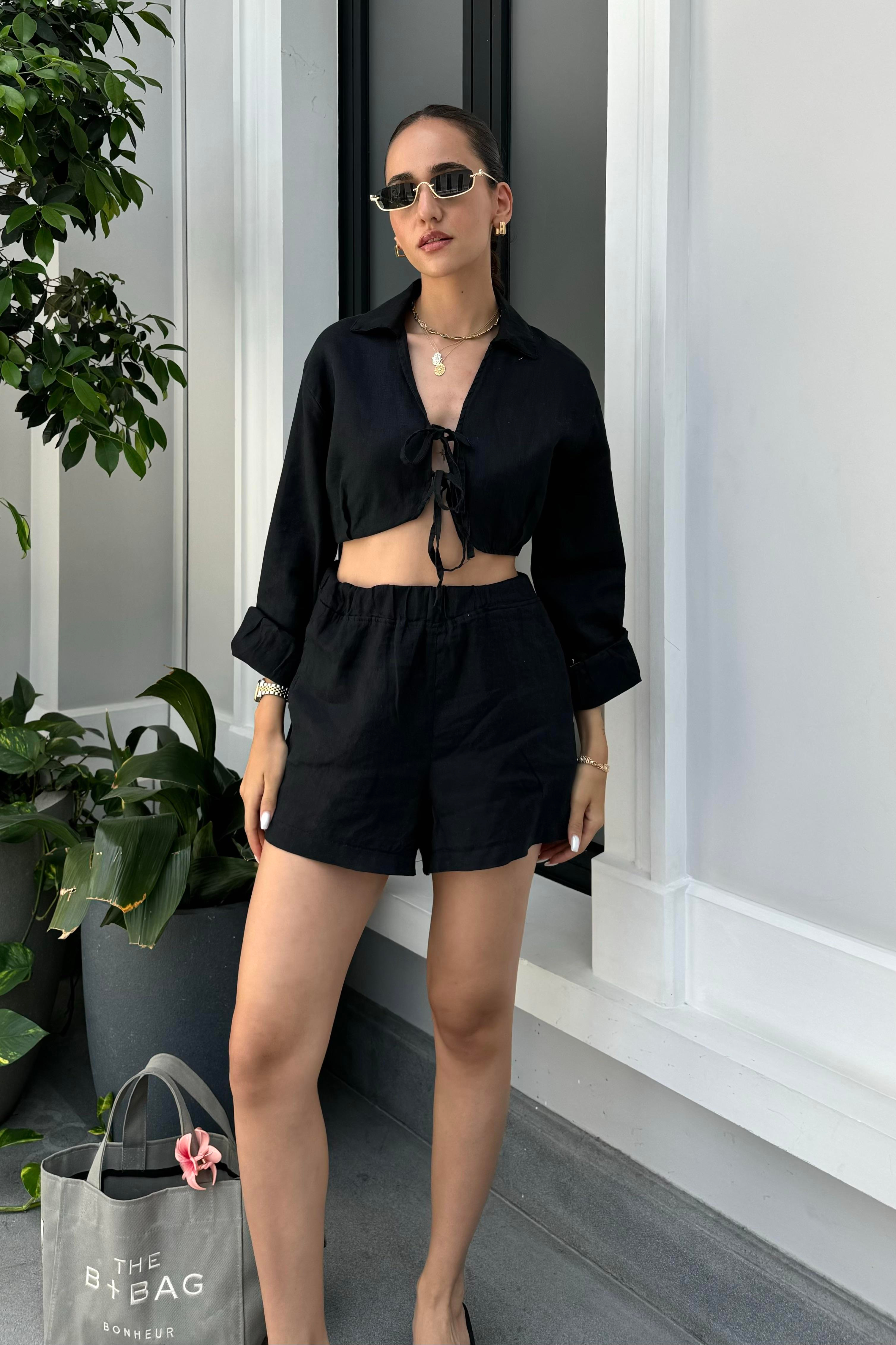 Siyah Premium Şort Bluz Keten Takım - Kadın Takım Modelleri - Nazliye Moda - Kadın Giyim Modası