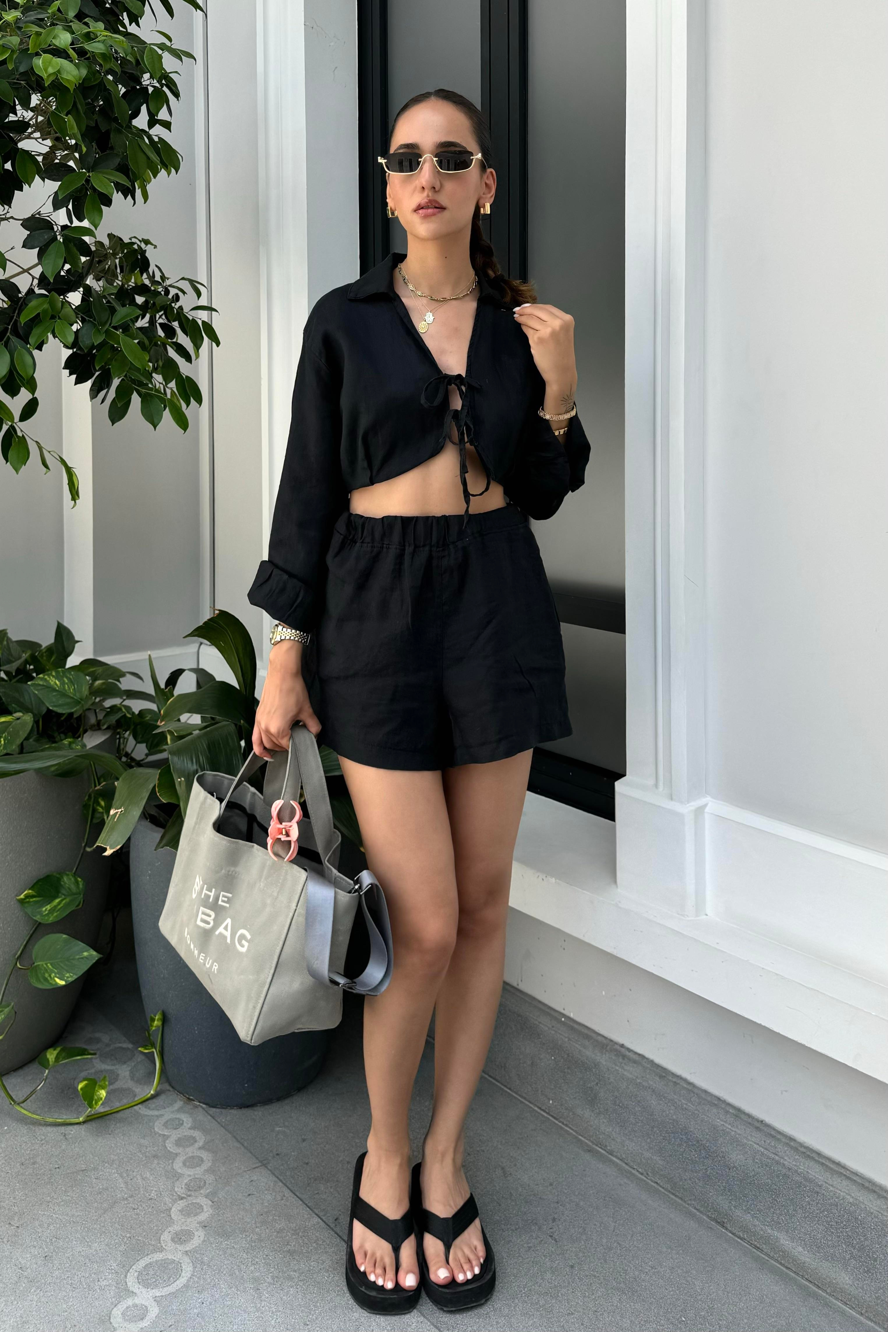 Siyah Premium Şort Bluz Keten Takım - Kadın Takım Modelleri - Nazliye Moda - Kadın Giyim Modası