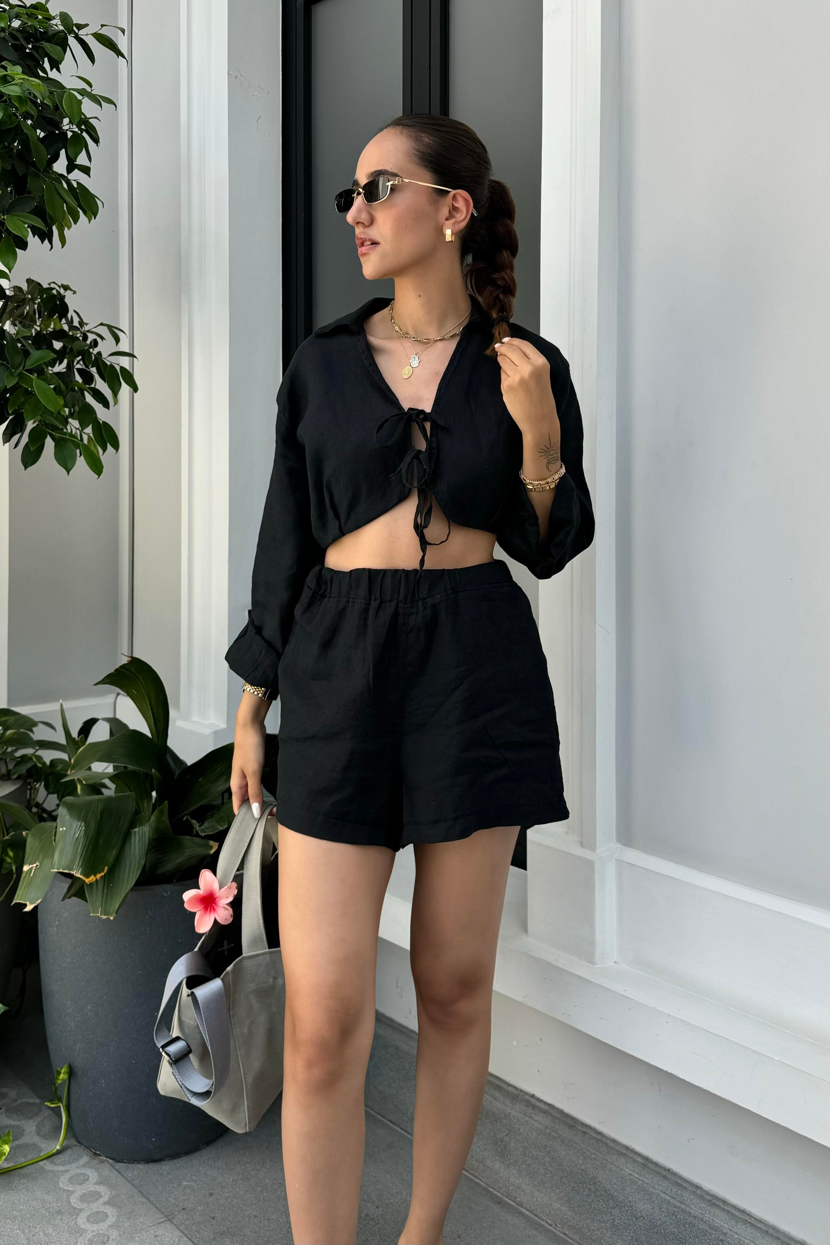 Siyah Premium Şort Bluz Keten Takım - Kadın Takım Modelleri - Nazliye Moda - Kadın Giyim Modası