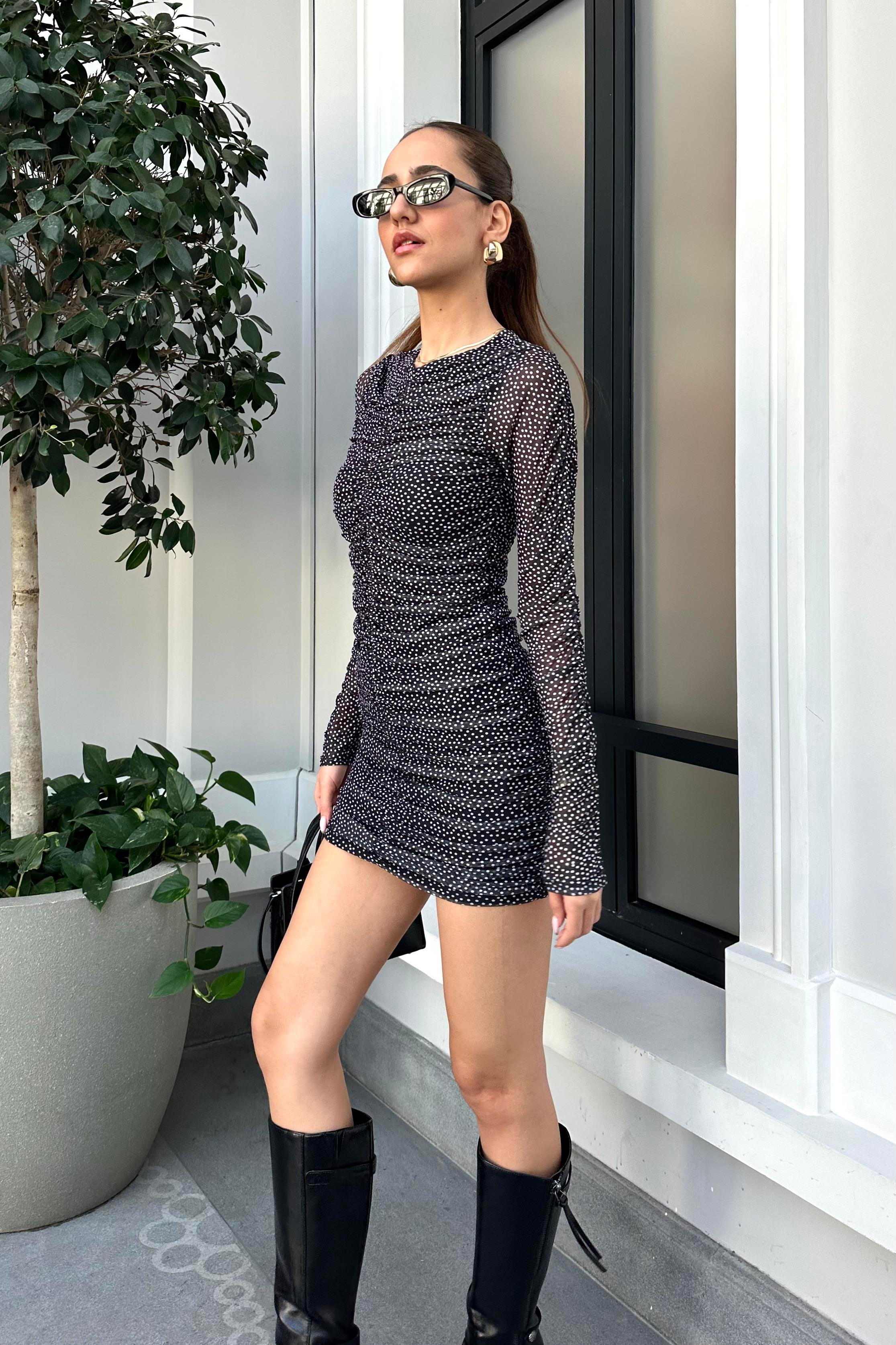 Siyah Puantiyeli Mini Tül Elbise - Kadın Elbise Modelleri - Nazliye Moda - Kadın Giyim Modası