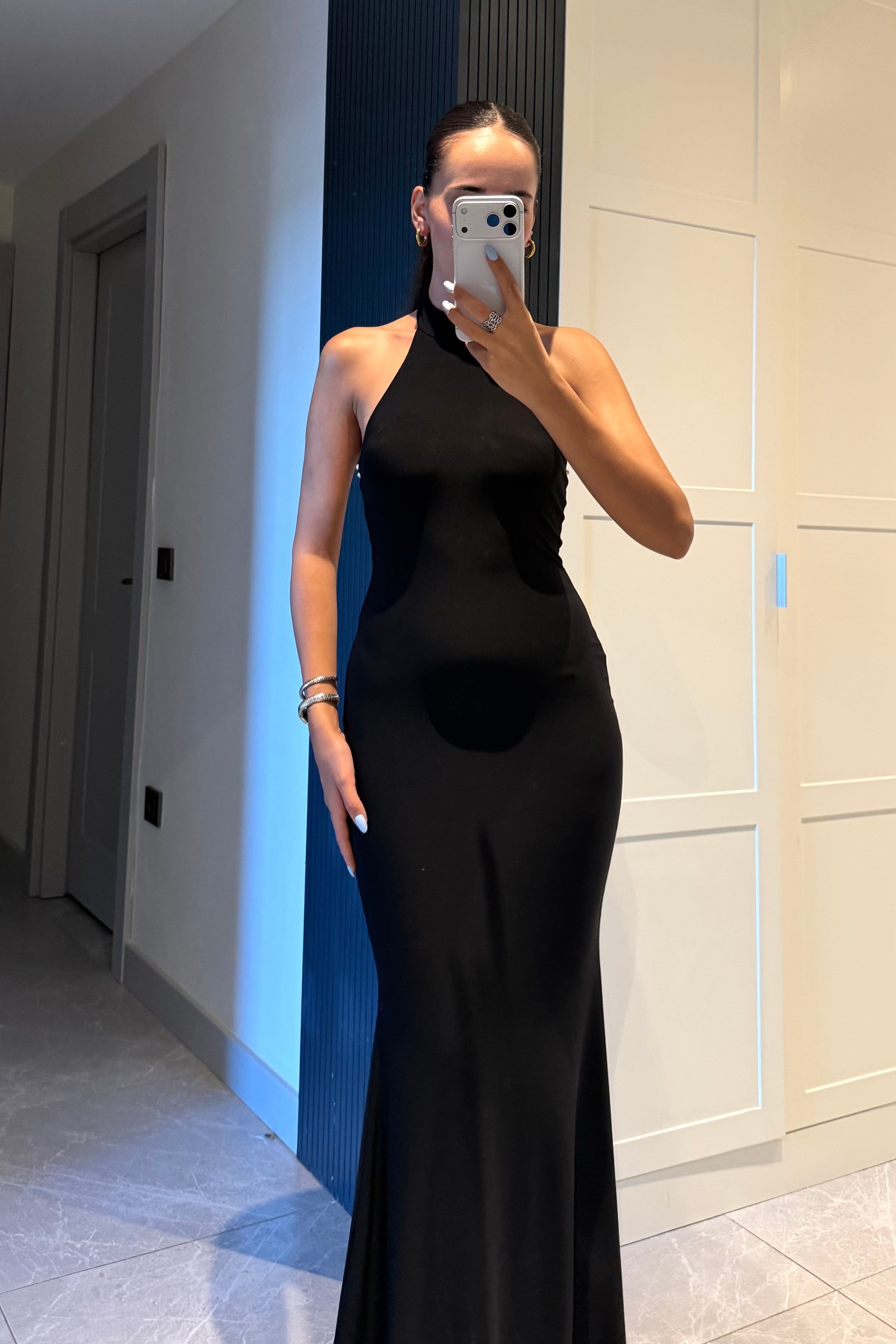 Siyah Sırt Dekolte İnci Detay Balık Elbise - Kadın Elbise Modelleri - Nazliye Moda | Kadın Giyim Modası