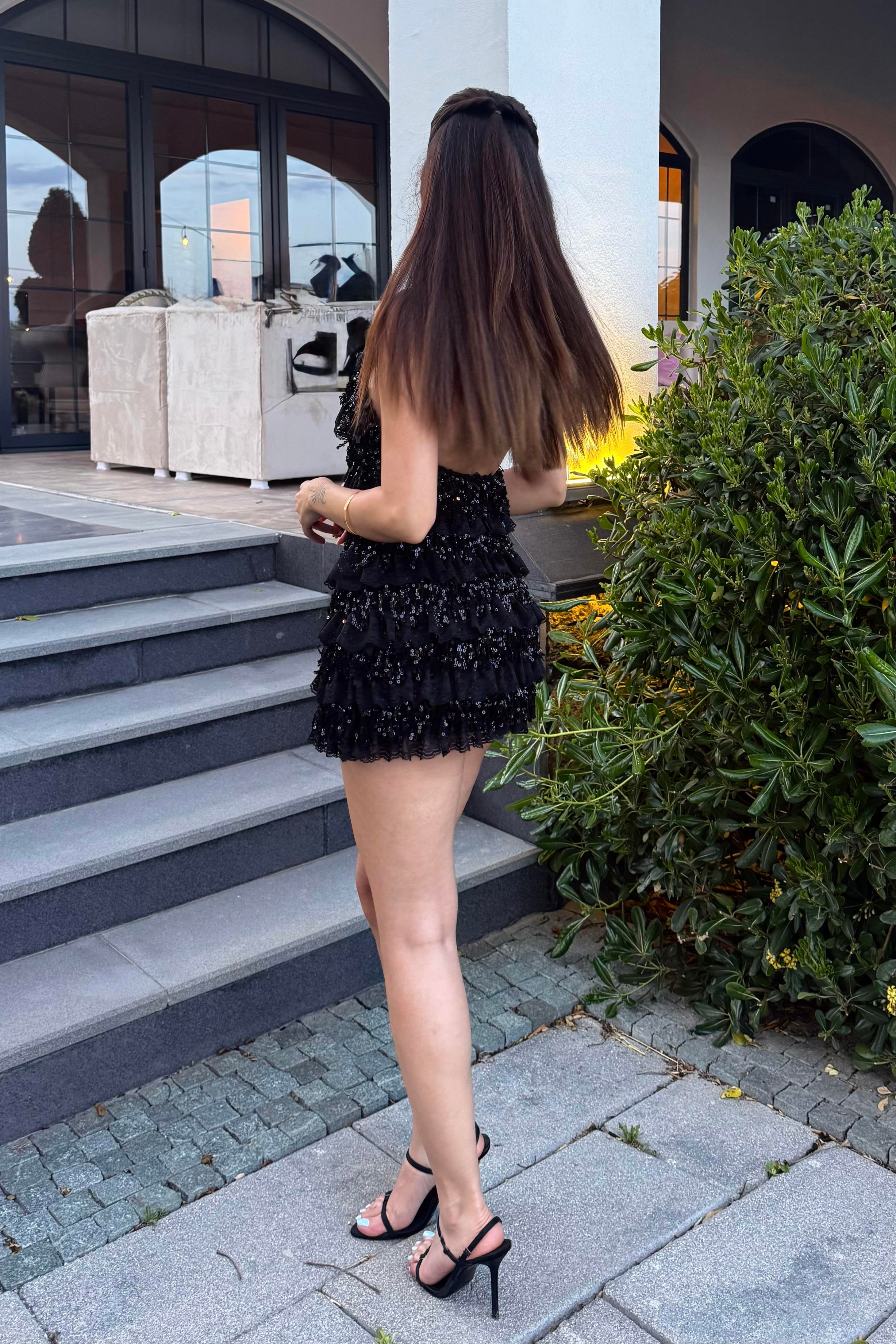 Siyah Sırt Dekolte Payetli Mini Elbise - Kadın Elbise Modelleri - Nazliye Moda | Kadın Giyim Modası