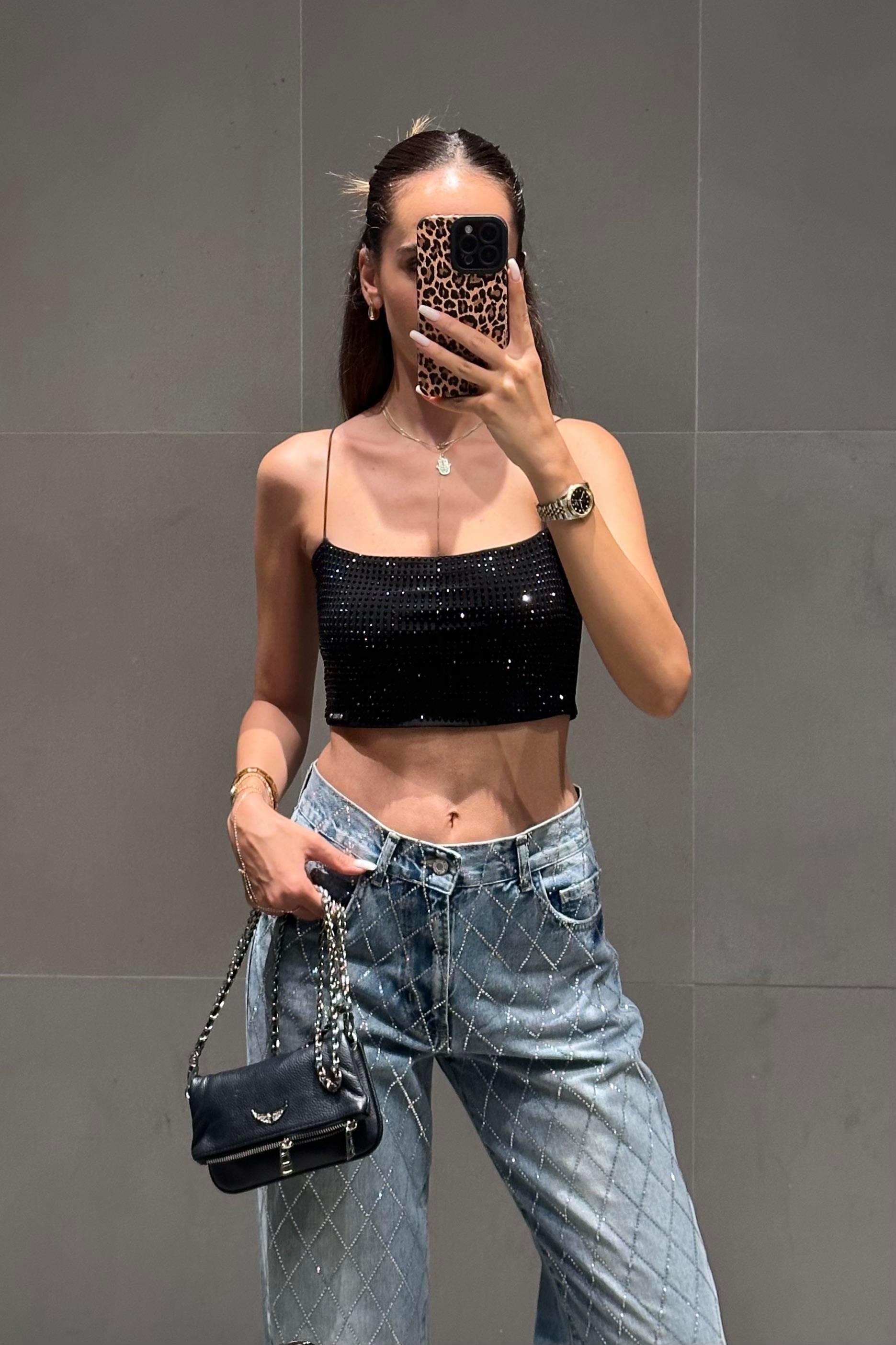 Siyah Taşlı Crop Büstiyer - Kadın Bustiers Modelleri - Nazliye Moda | Kadın Giyim Modası