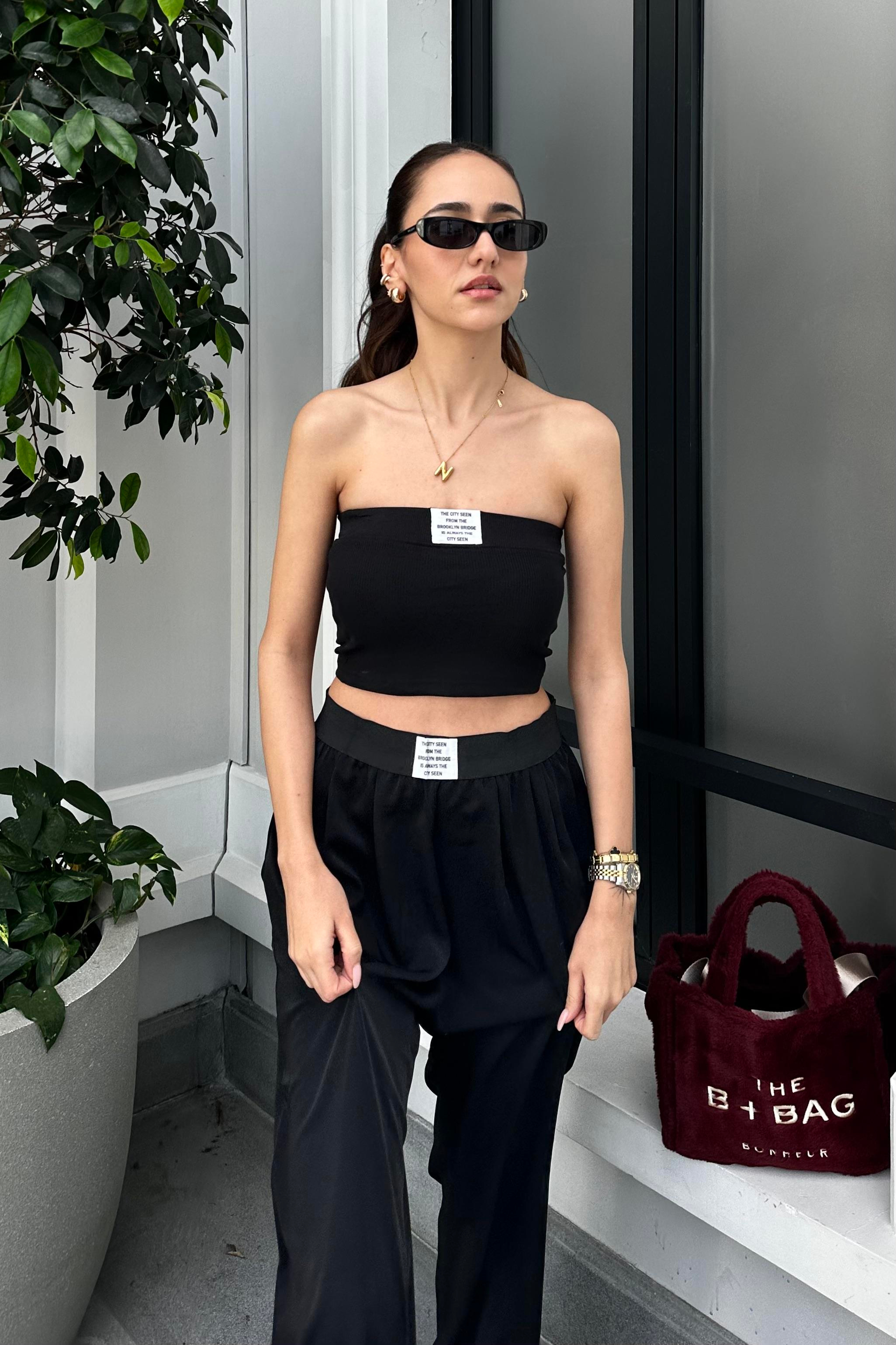 Siyah Tensel Dökümlü Pantolon - Kadın Trousers Modelleri - Nazliye Moda - Kadın Giyim Modası