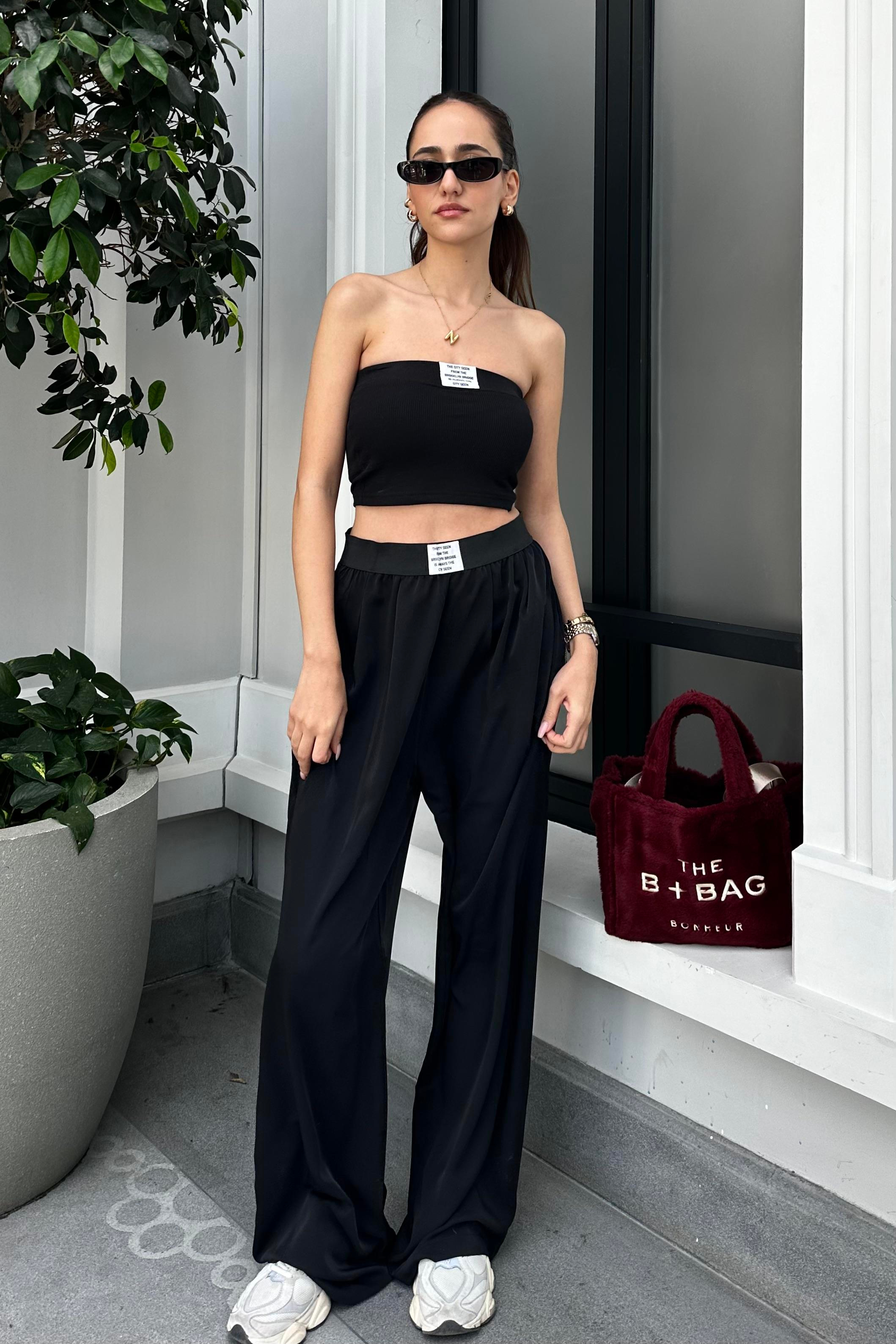 Siyah Tensel Dökümlü Pantolon - Kadın Trousers Modelleri - Nazliye Moda - Kadın Giyim Modası
