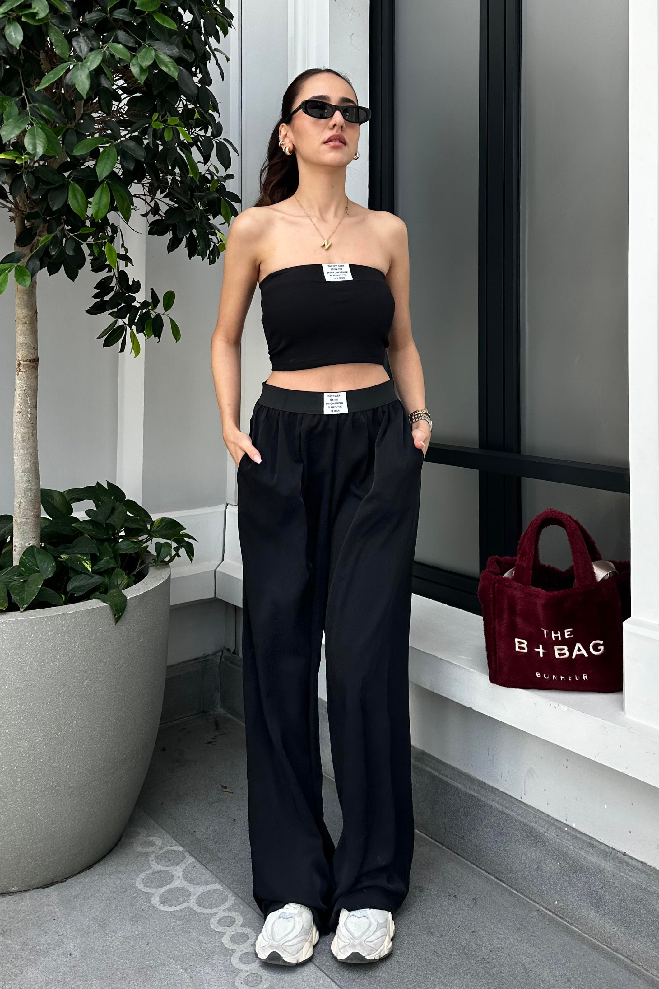 Siyah Tensel Dökümlü Pantolon - Kadın Trousers Modelleri - Nazliye Moda - Kadın Giyim Modası