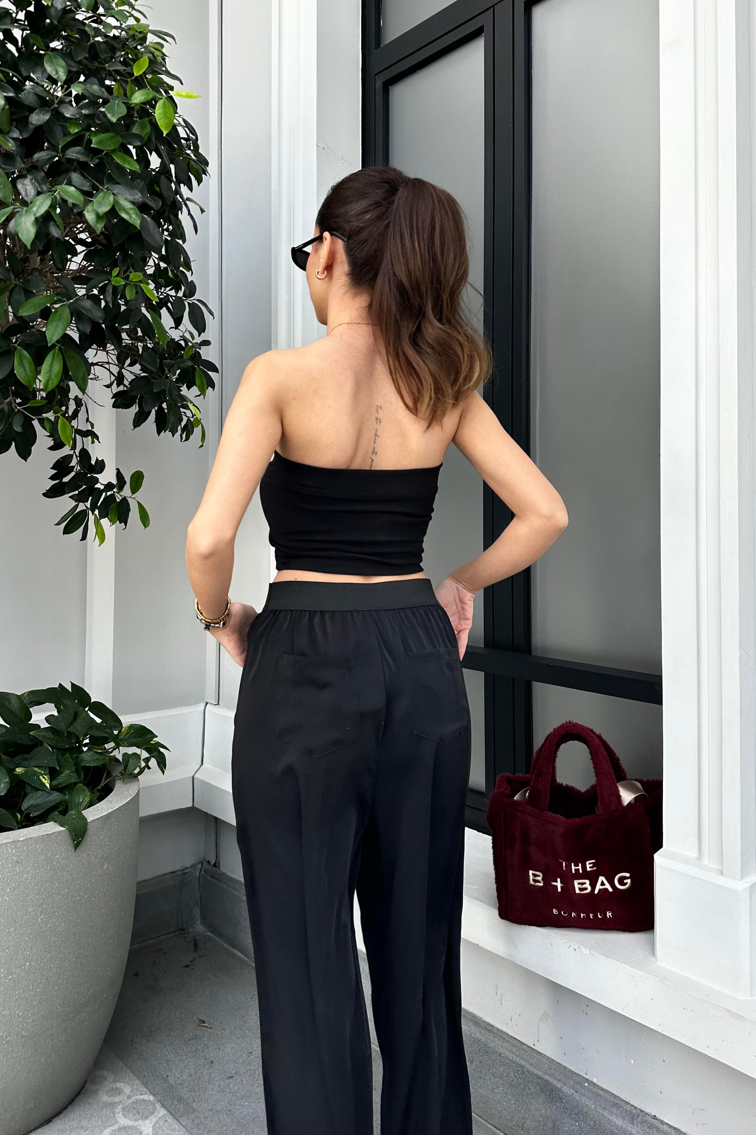 Siyah Tensel Dökümlü Pantolon - Kadın Trousers Modelleri - Nazliye Moda - Kadın Giyim Modası