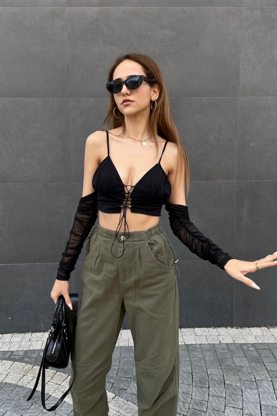 Siyah Tül Kol Dekolte Crop - Kadın Body & Crop Modelleri - Nazliye Moda | Kadın Giyim Modası