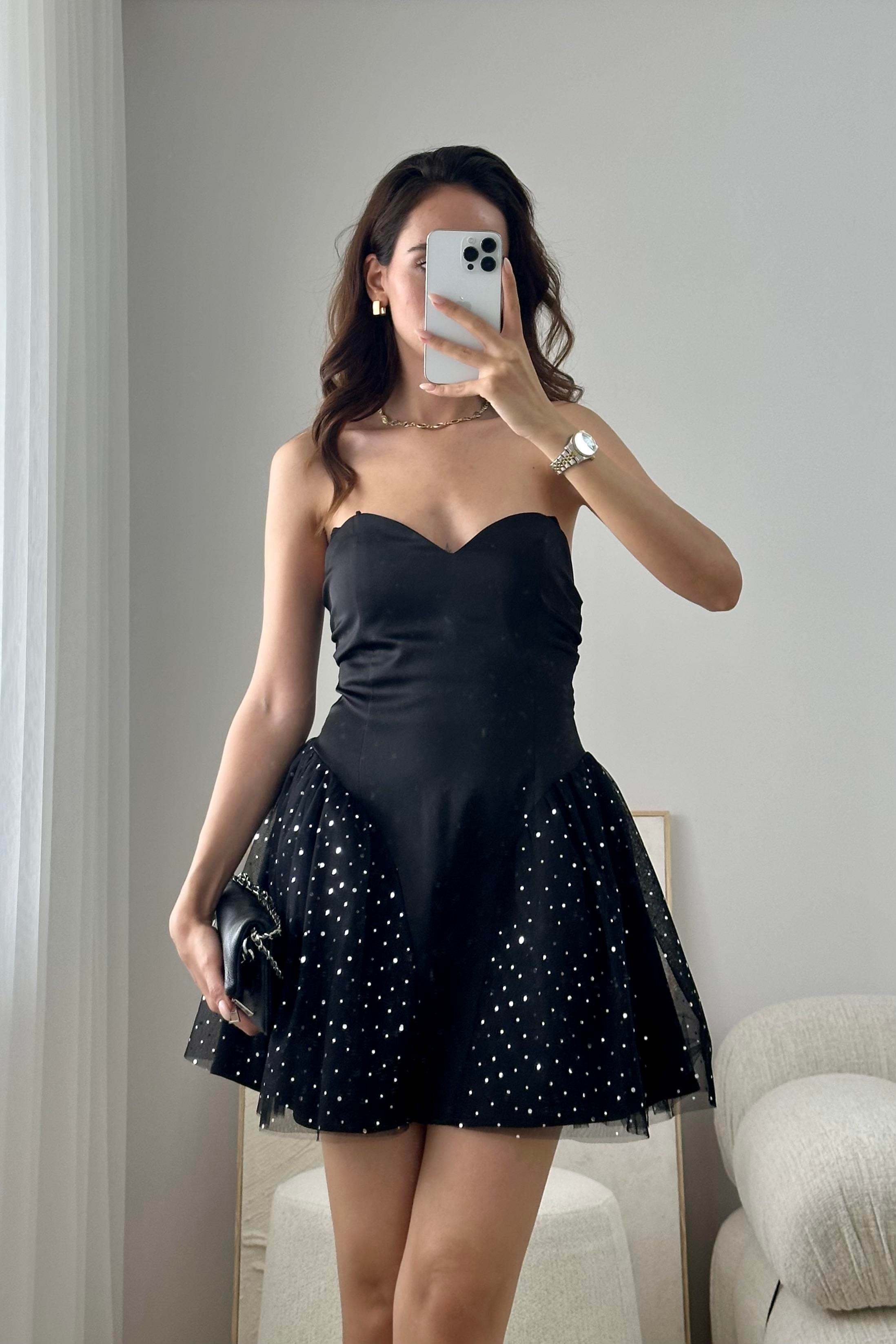 Siyah Tüllü Saten Mini Elbise - Kadın Dresses Modelleri - Nazliye Moda - Kadın Giyim Modası