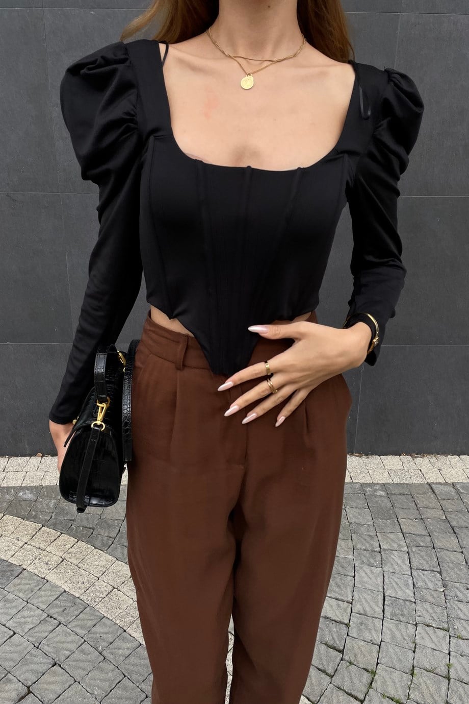 Siyah Uzun Kol Korse Bluz - Kadın Bluz Modelleri - Nazliye Moda | Kadın Giyim Modası
