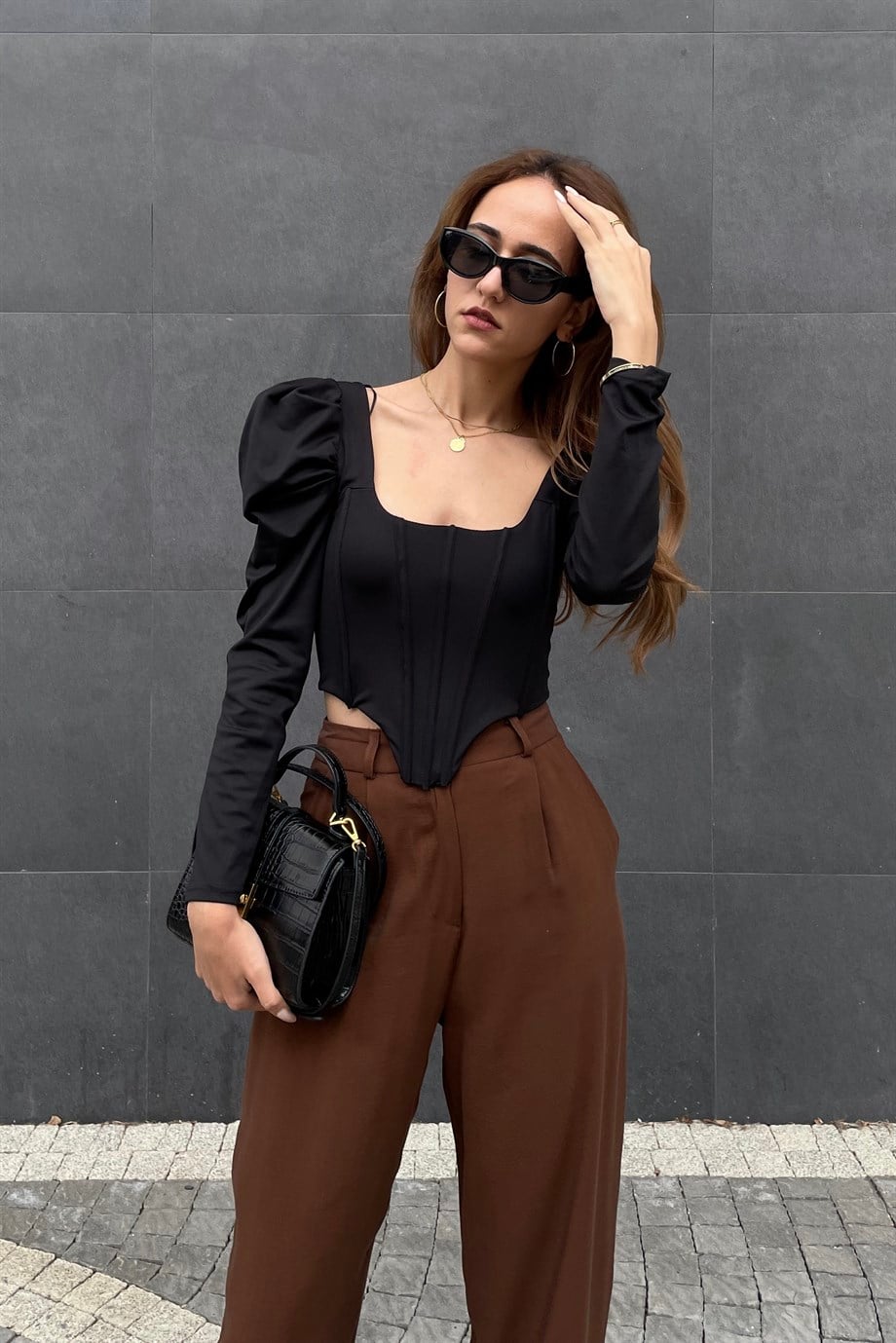 Siyah Uzun Kol Korse Bluz - Kadın Bluz Modelleri - Nazliye Moda | Kadın Giyim Modası