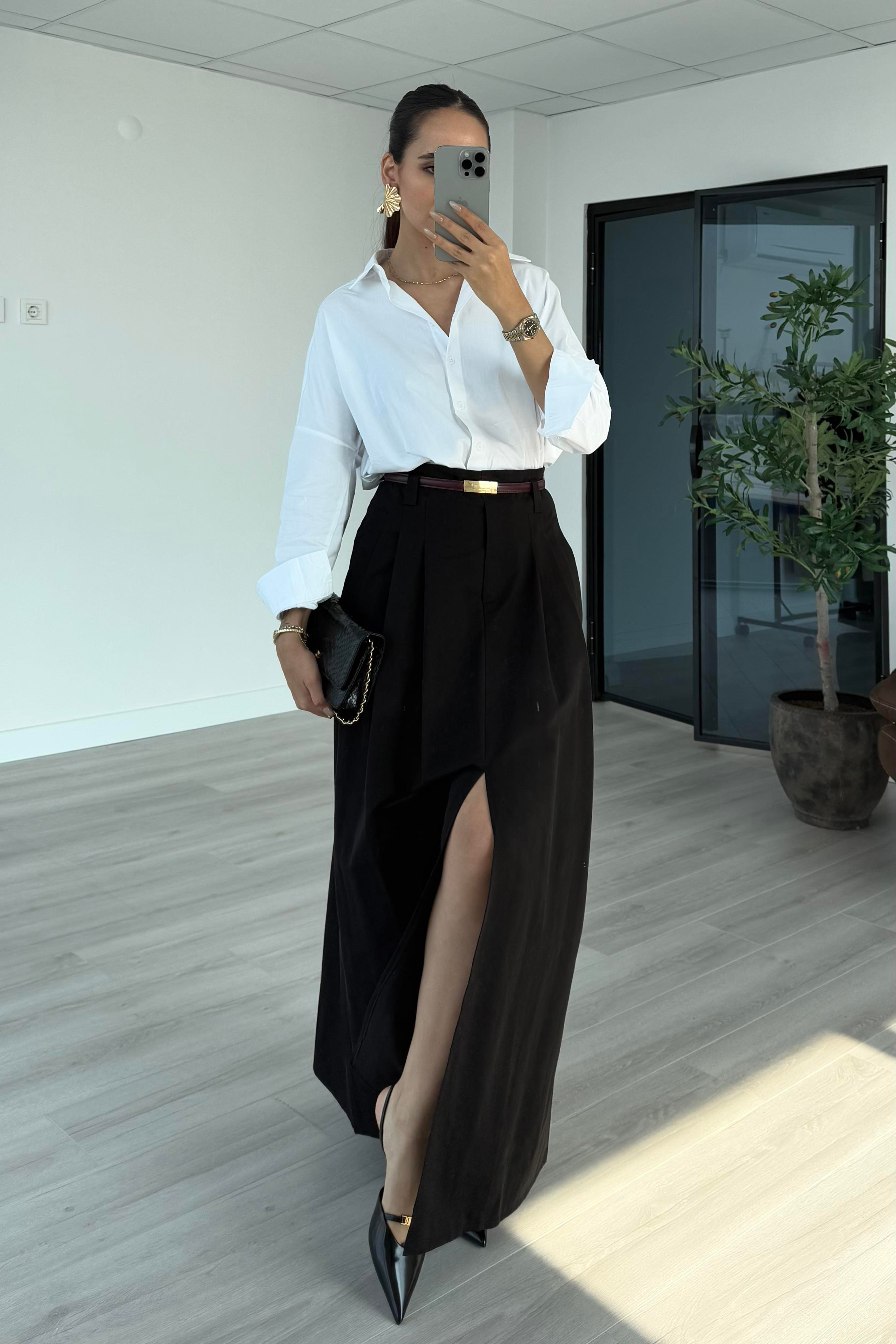 Siyah Yırtmaçlı Uzun Etek - Kadın Etek Modelleri - Nazliye Moda | Kadın Giyim Modası