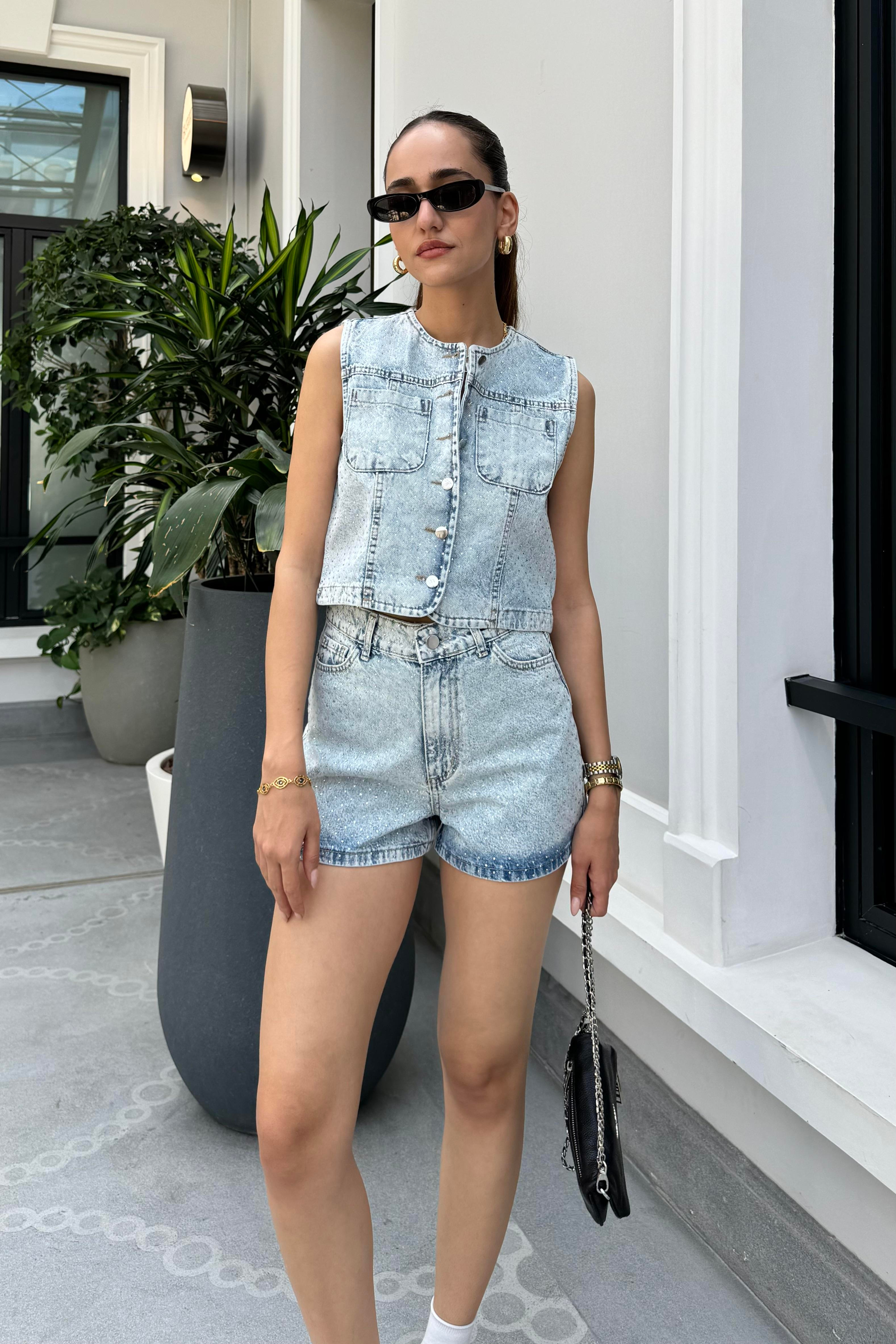 Taş Detaylı Jean Yelek - Kadın Vests Modelleri - Nazliye Moda - Kadın Giyim Modası