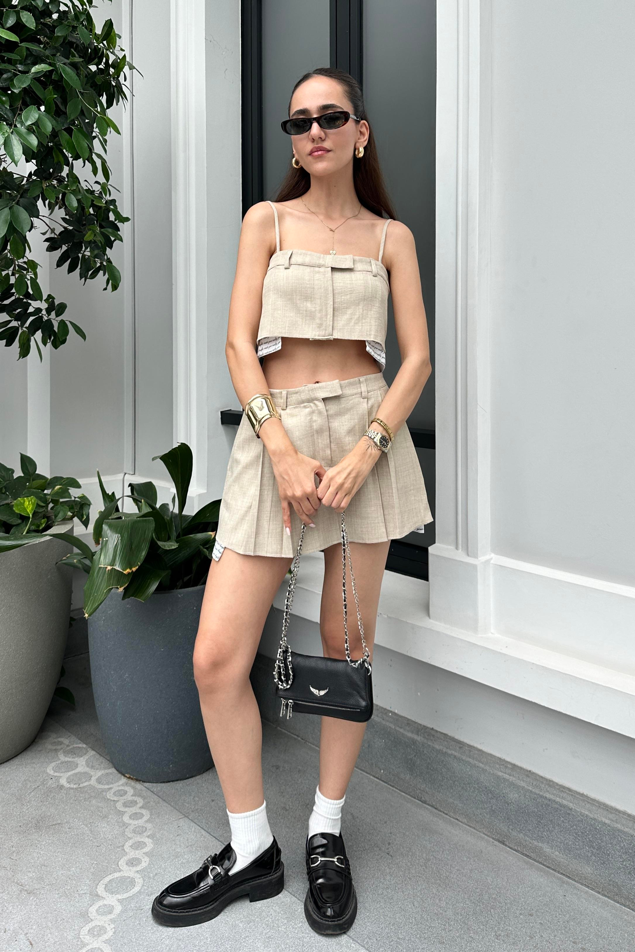 Taş Renk Büstiyer Mini Etek Takım - Kadın Outfit Sets Modelleri - Nazliye Moda - Kadın Giyim Modası