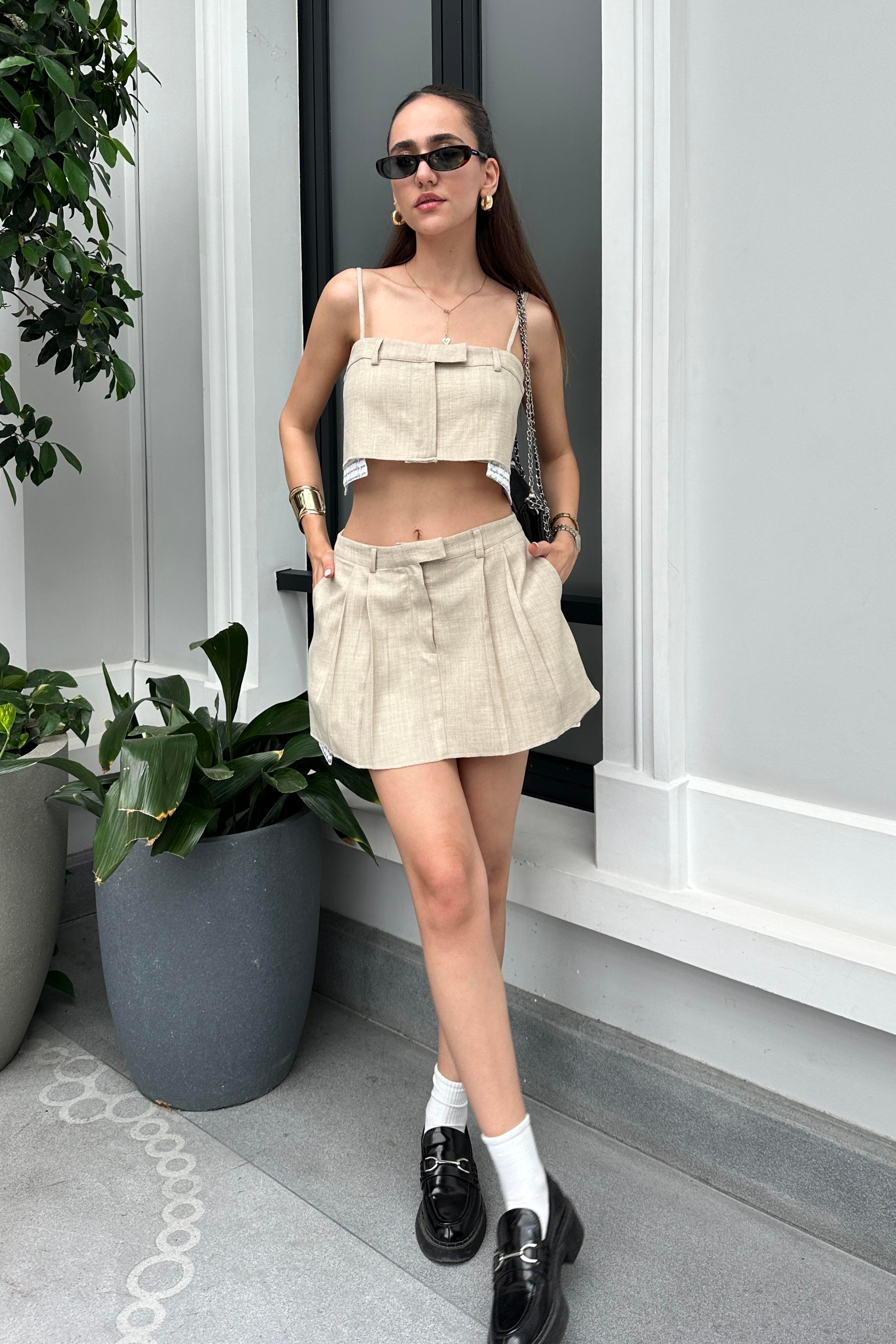 Taş Renk Büstiyer Mini Etek Takım - Kadın Outfit Sets Modelleri - Nazliye Moda - Kadın Giyim Modası