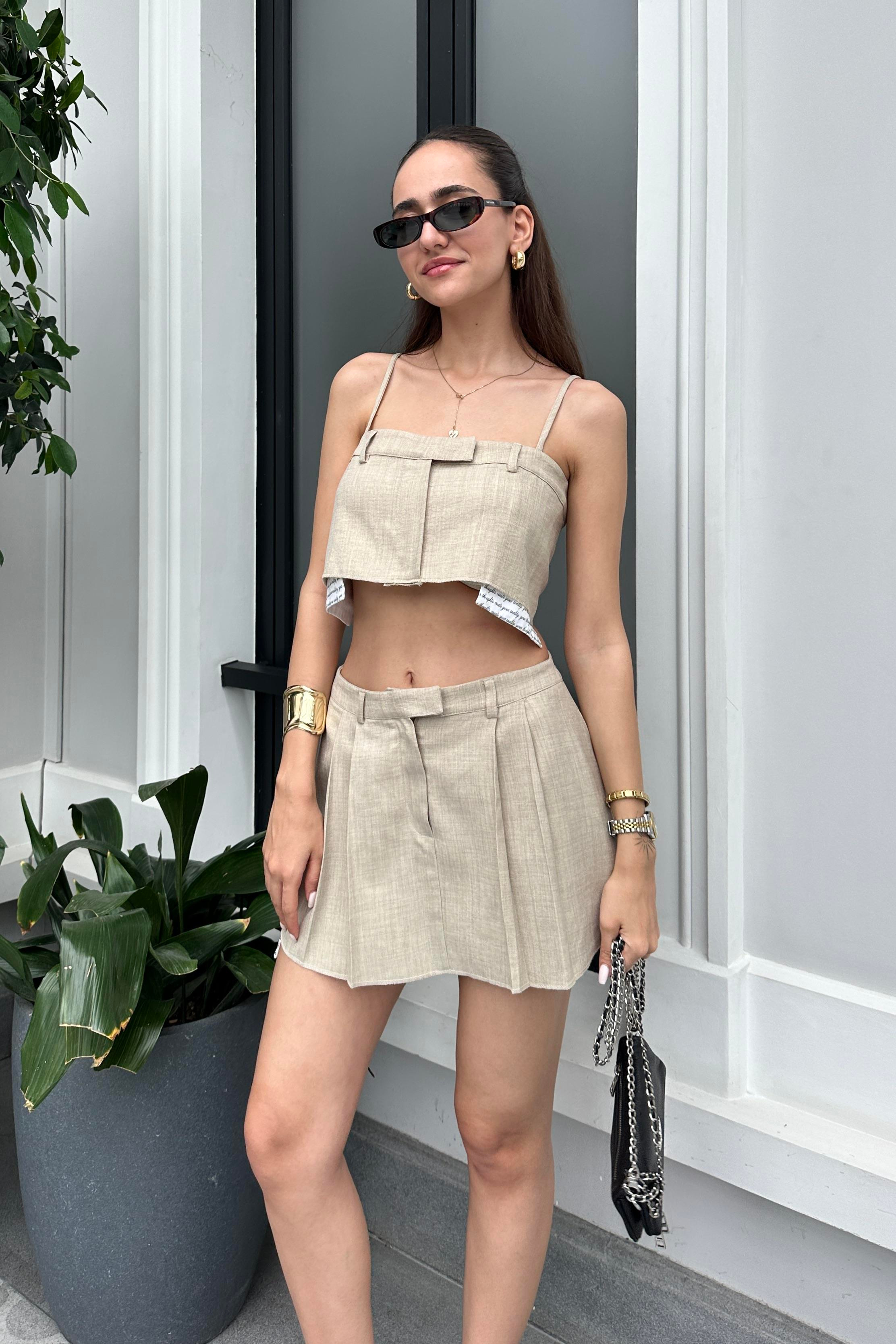 Taş Renk Büstiyer Mini Etek Takım - Kadın Outfit Sets Modelleri - Nazliye Moda - Kadın Giyim Modası