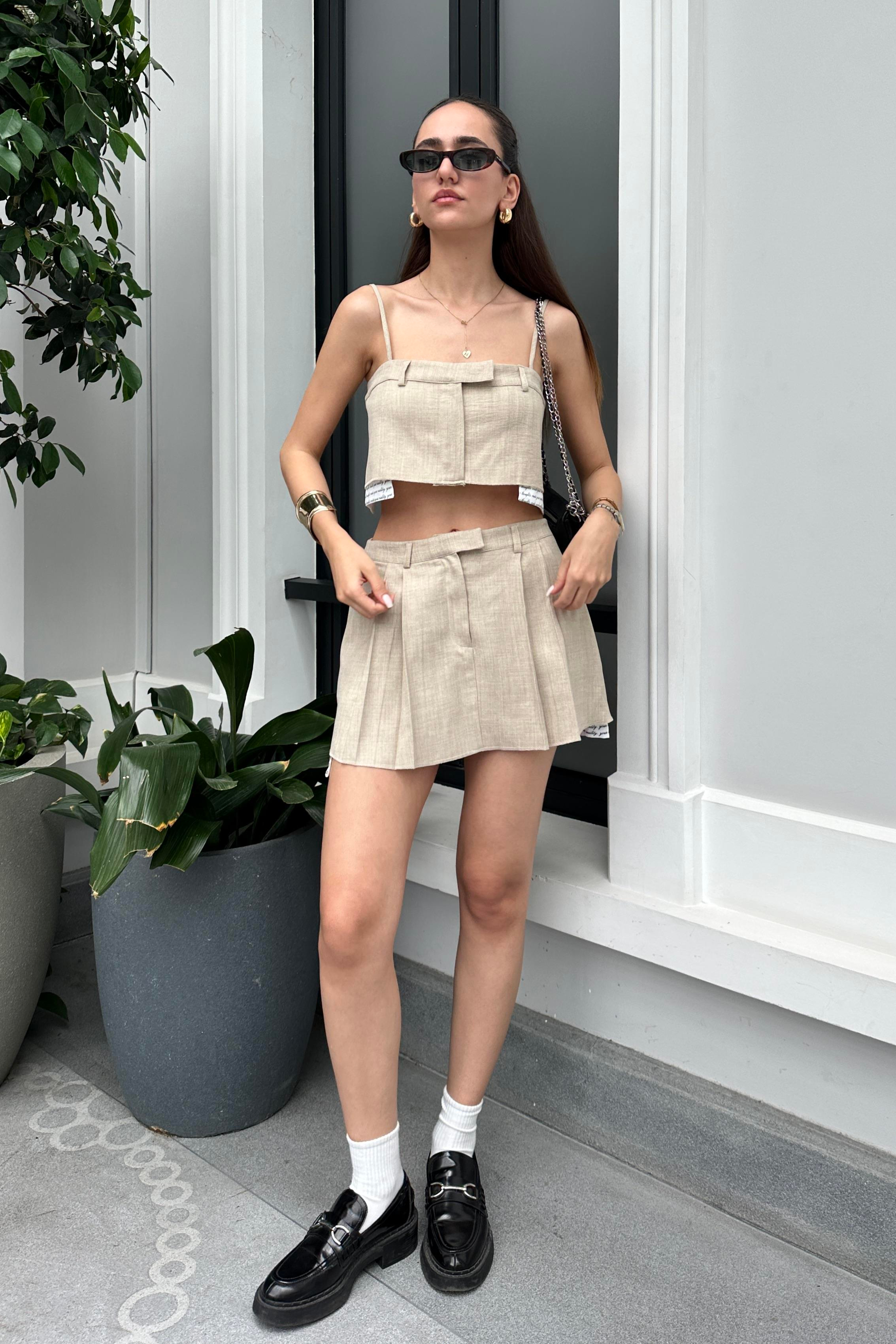 Taş Renk Büstiyer Mini Etek Takım - Kadın Outfit Sets Modelleri - Nazliye Moda - Kadın Giyim Modası