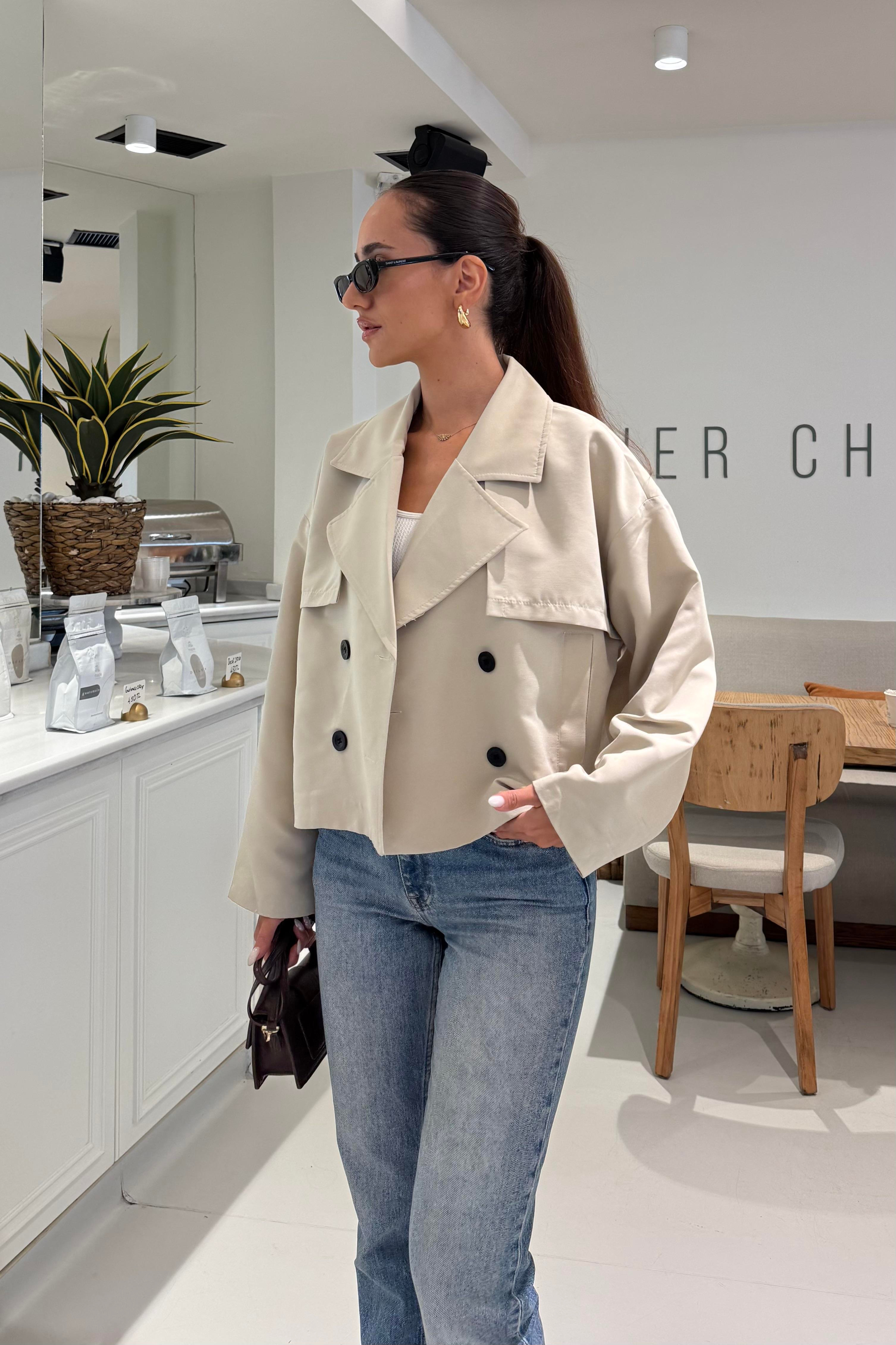Taş Renk Crop Trençkot - Kadın Trench Coats Modelleri - Nazliye Moda | Kadın Giyim Modası