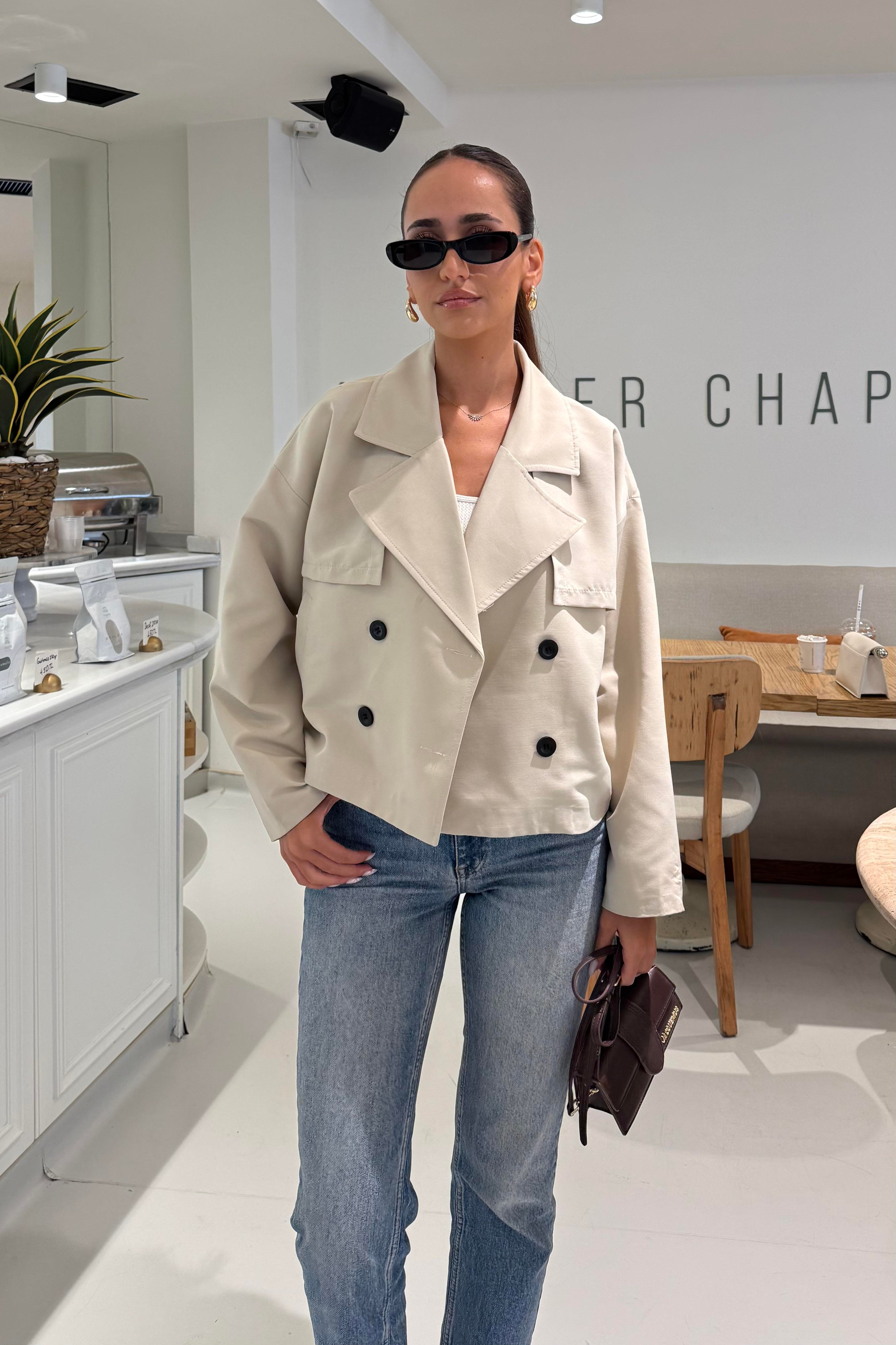 Taş Renk Crop Trençkot - Kadın Trench Coats Modelleri - Nazliye Moda | Kadın Giyim Modası