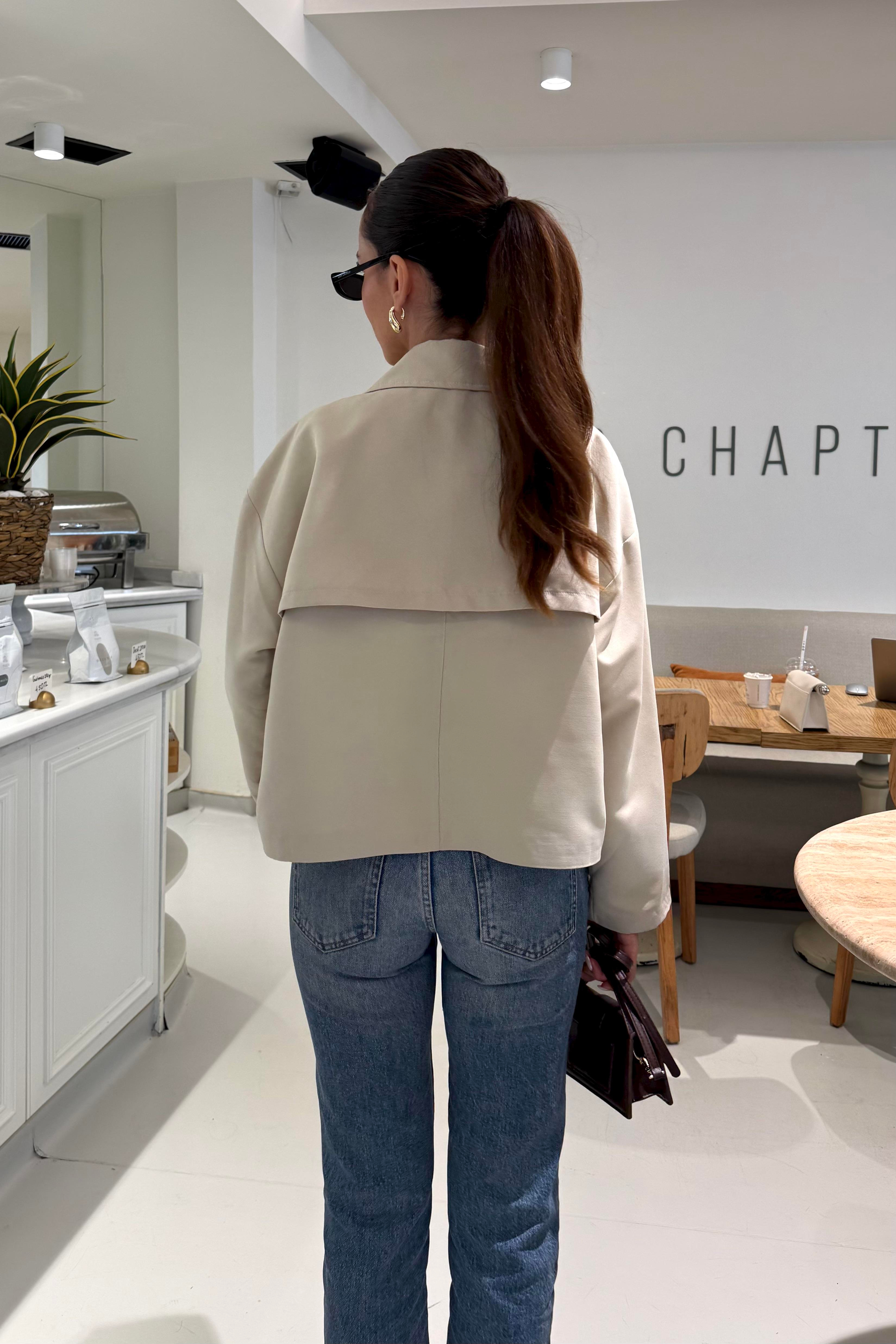 Taş Renk Crop Trençkot - Kadın Trench Coats Modelleri - Nazliye Moda | Kadın Giyim Modası