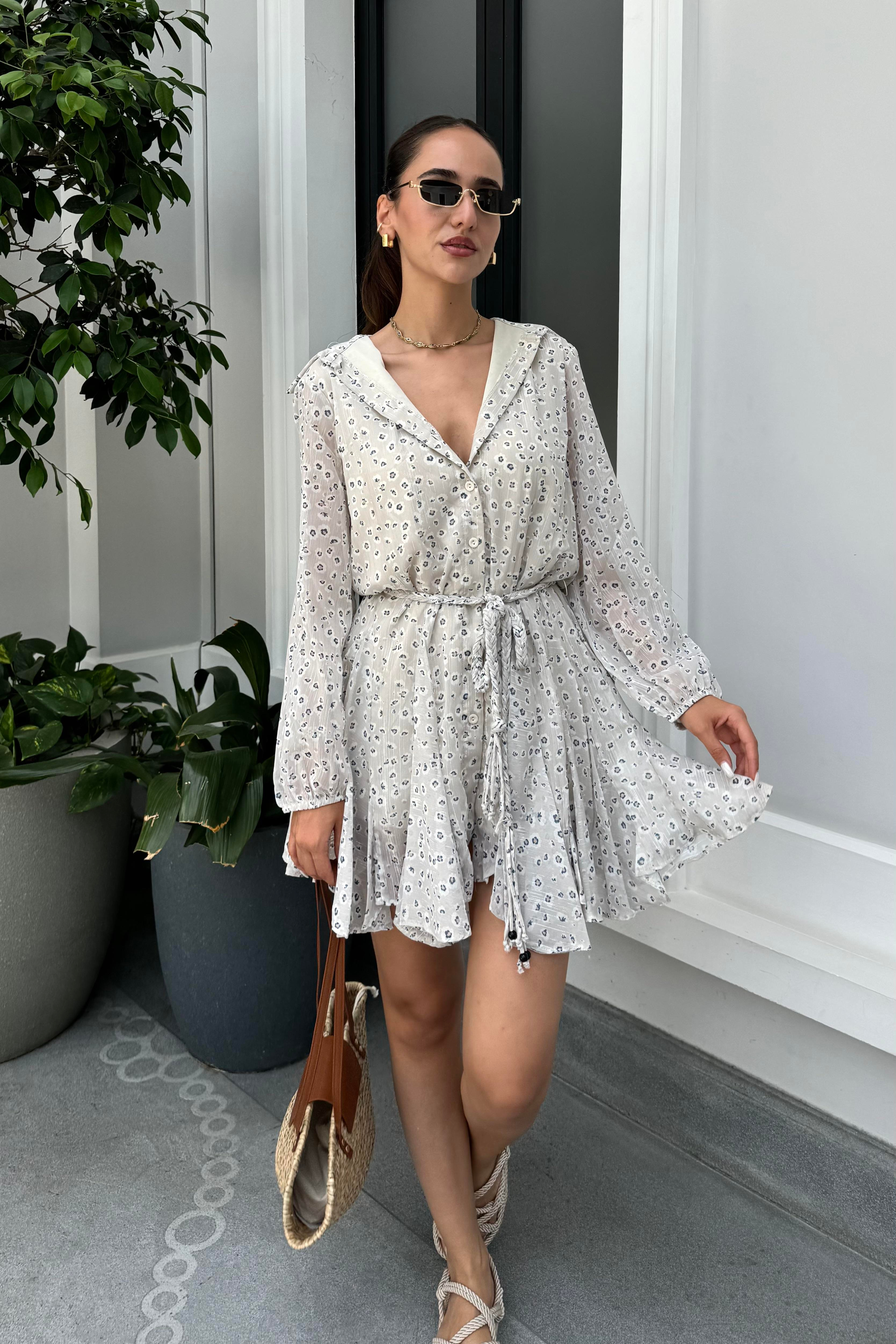 Taş Renk Desenli Mini Elbise - Kadın Elbise Modelleri - Nazliye Moda - Kadın Giyim Modası