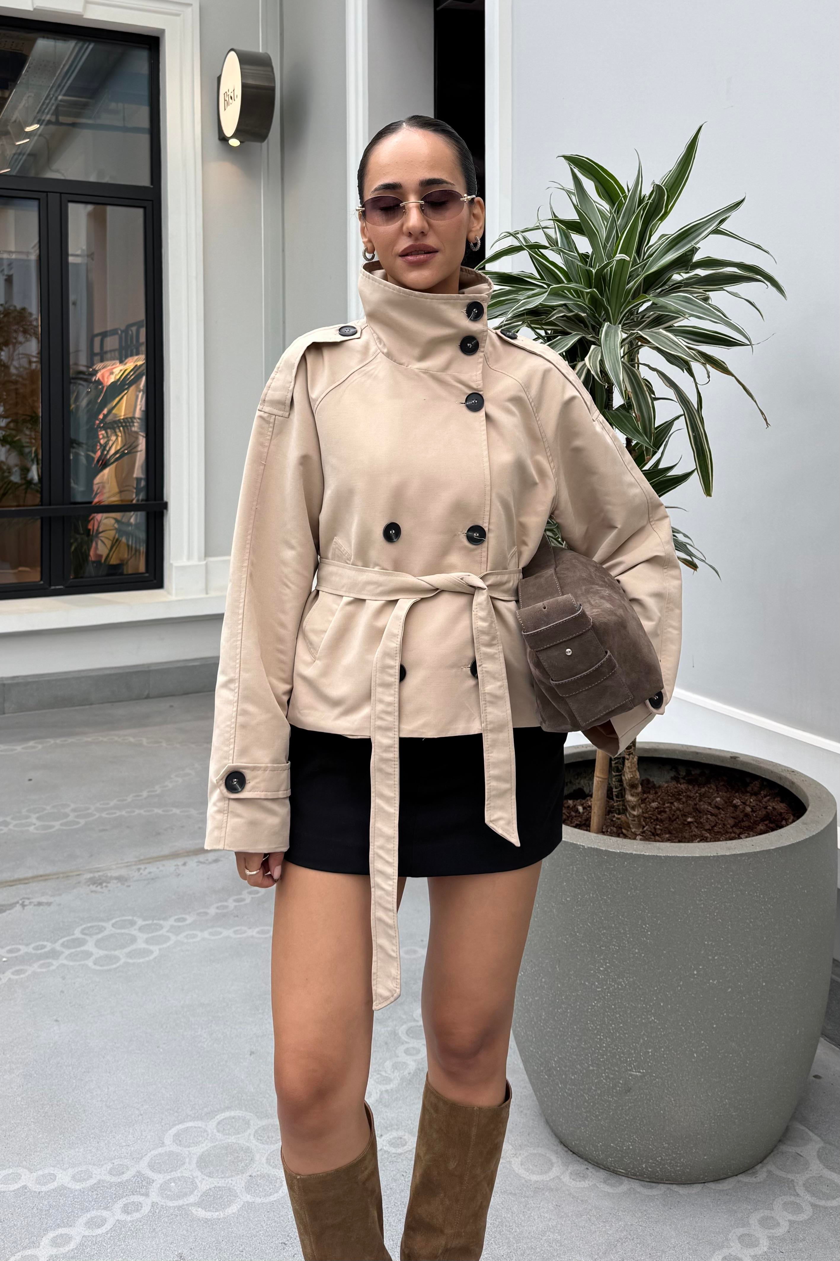 Taş Renk Dik Yaka Midi Trençkot - Kadın Trench Coats Modelleri - Nazliye Moda | Kadın Giyim Modası