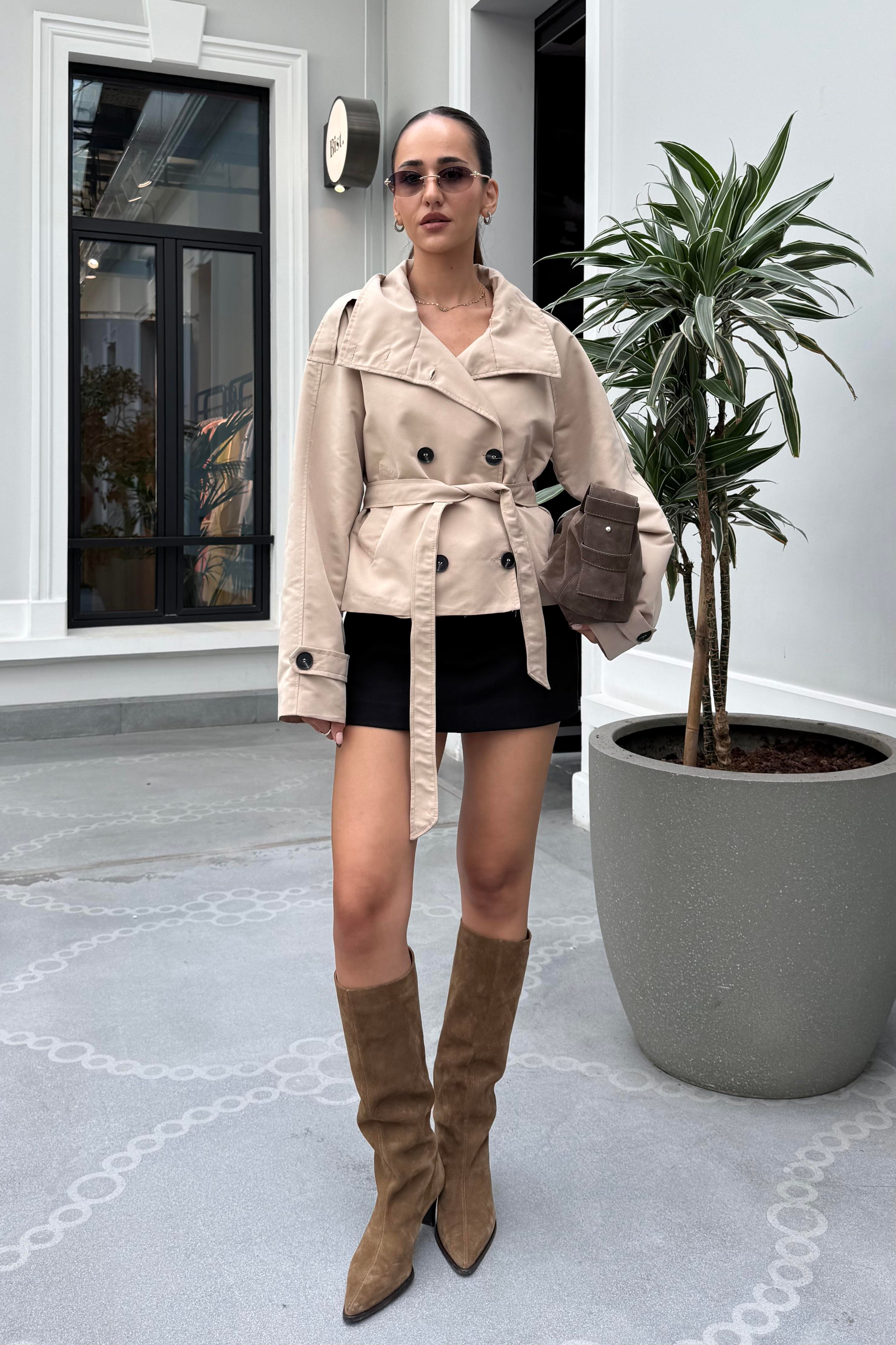 Taş Renk Dik Yaka Midi Trençkot - Kadın Trench Coats Modelleri - Nazliye Moda | Kadın Giyim Modası