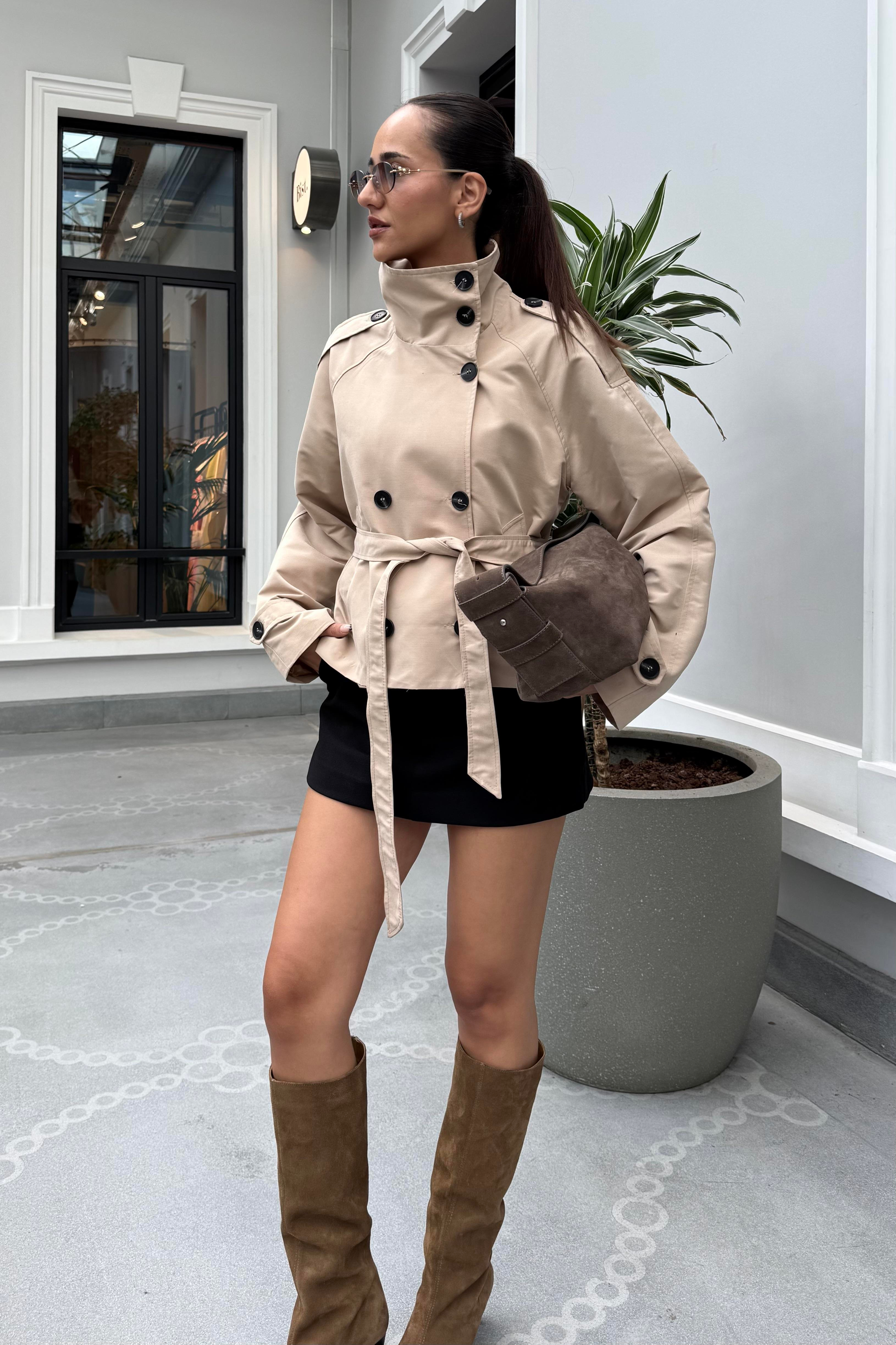 Taş Renk Dik Yaka Midi Trençkot - Kadın Trench Coats Modelleri - Nazliye Moda | Kadın Giyim Modası