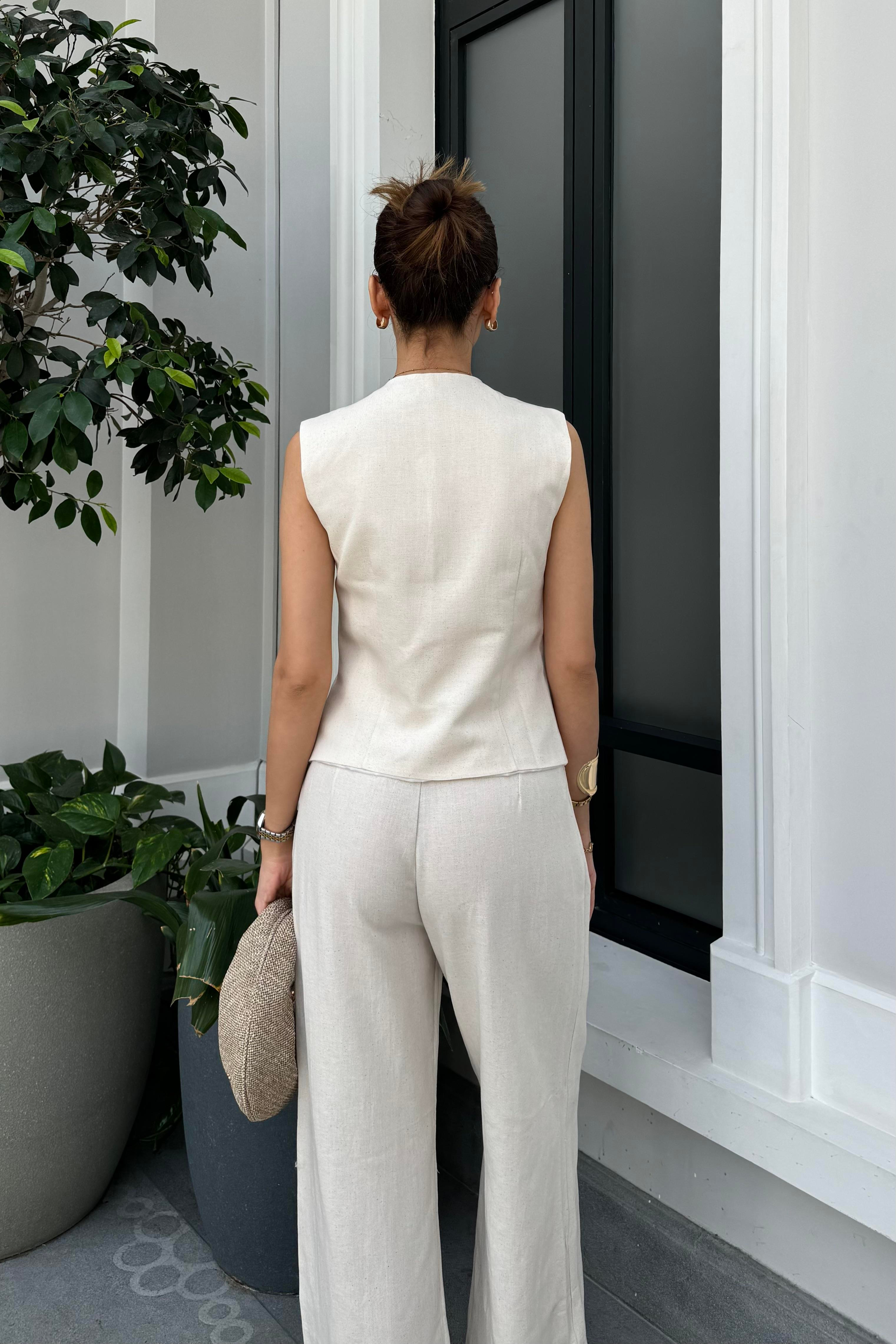 Taş Renk Keten Takım - Kadın Outfit Sets Modelleri - Nazliye Moda - Kadın Giyim Modası