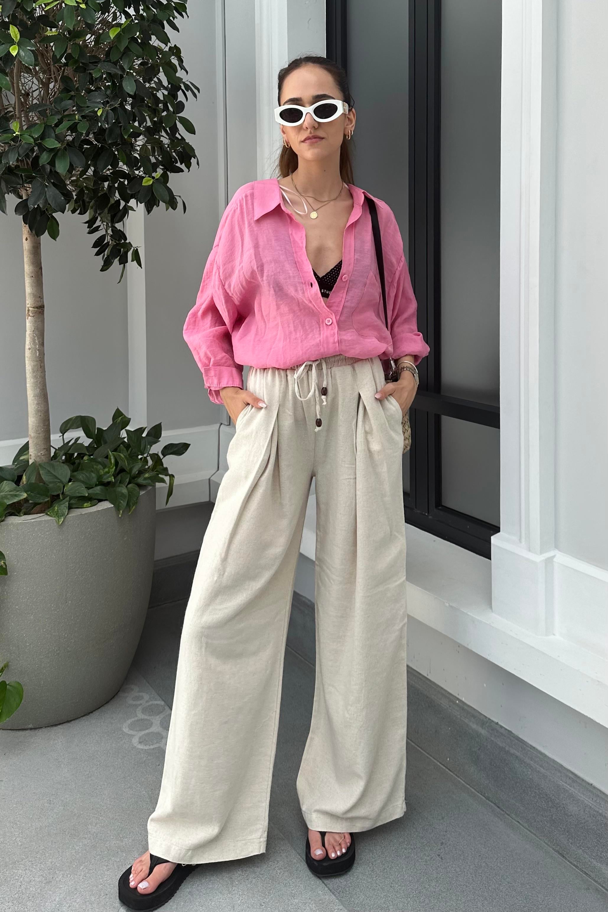 Taş Renk Pileli Keten Pantolon - Kadın Pantolon Modelleri - Nazliye Moda - Kadın Giyim Modası