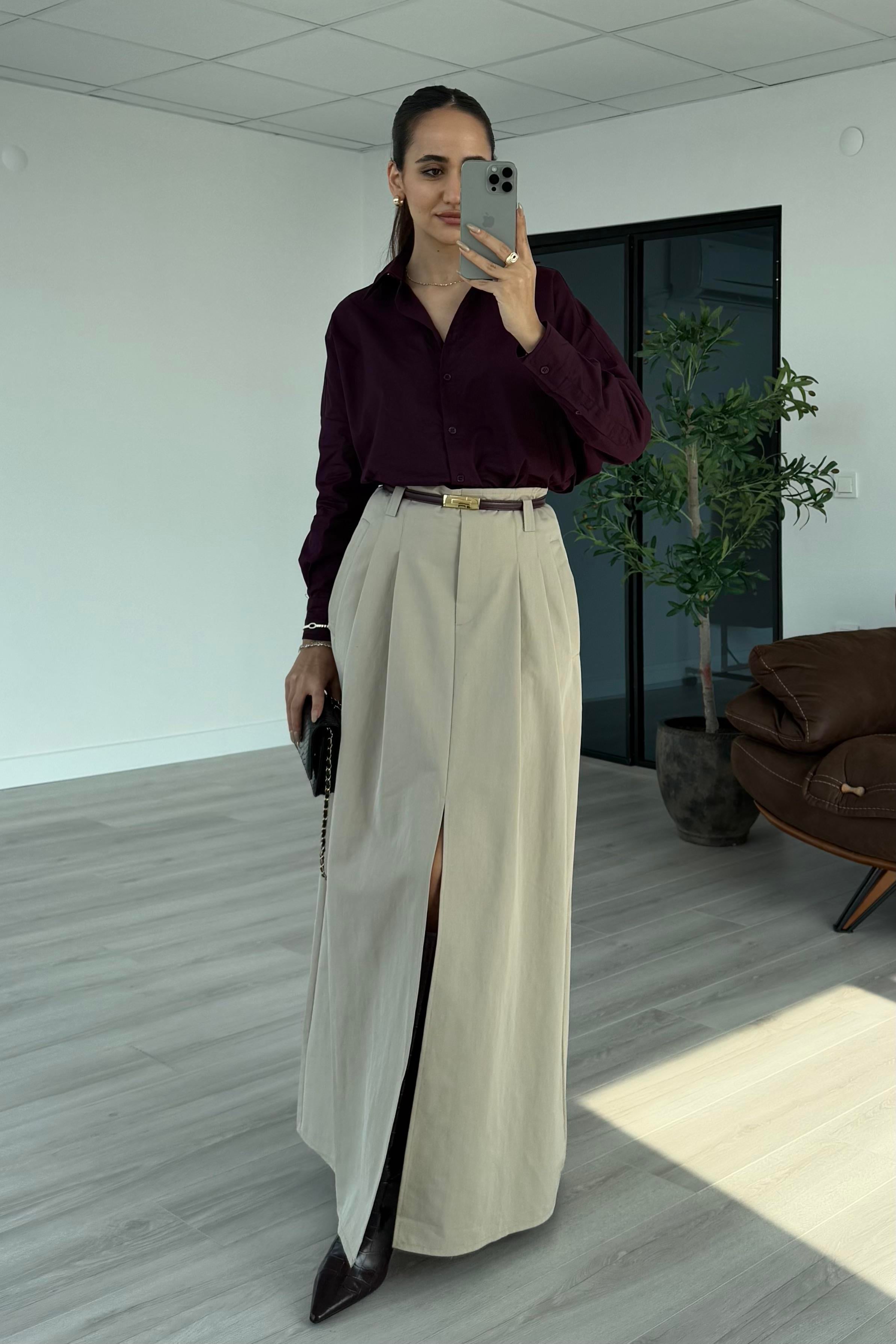 Taş Renk Yırtmaçlı Uzun Etek - Kadın Etek Modelleri - Nazliye Moda | Kadın Giyim Modası
