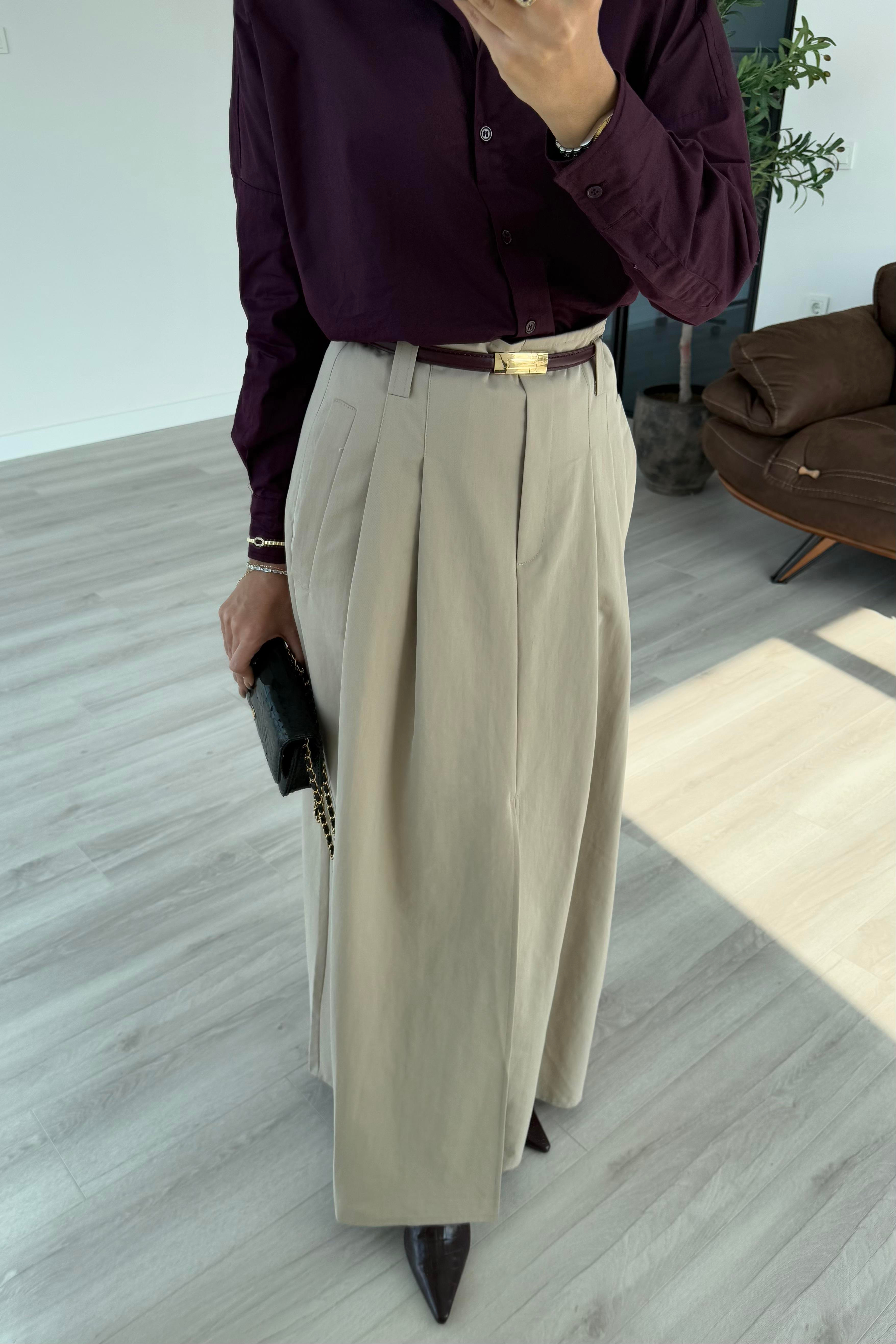 Taş Renk Yırtmaçlı Uzun Etek - Kadın Etek Modelleri - Nazliye Moda | Kadın Giyim Modası